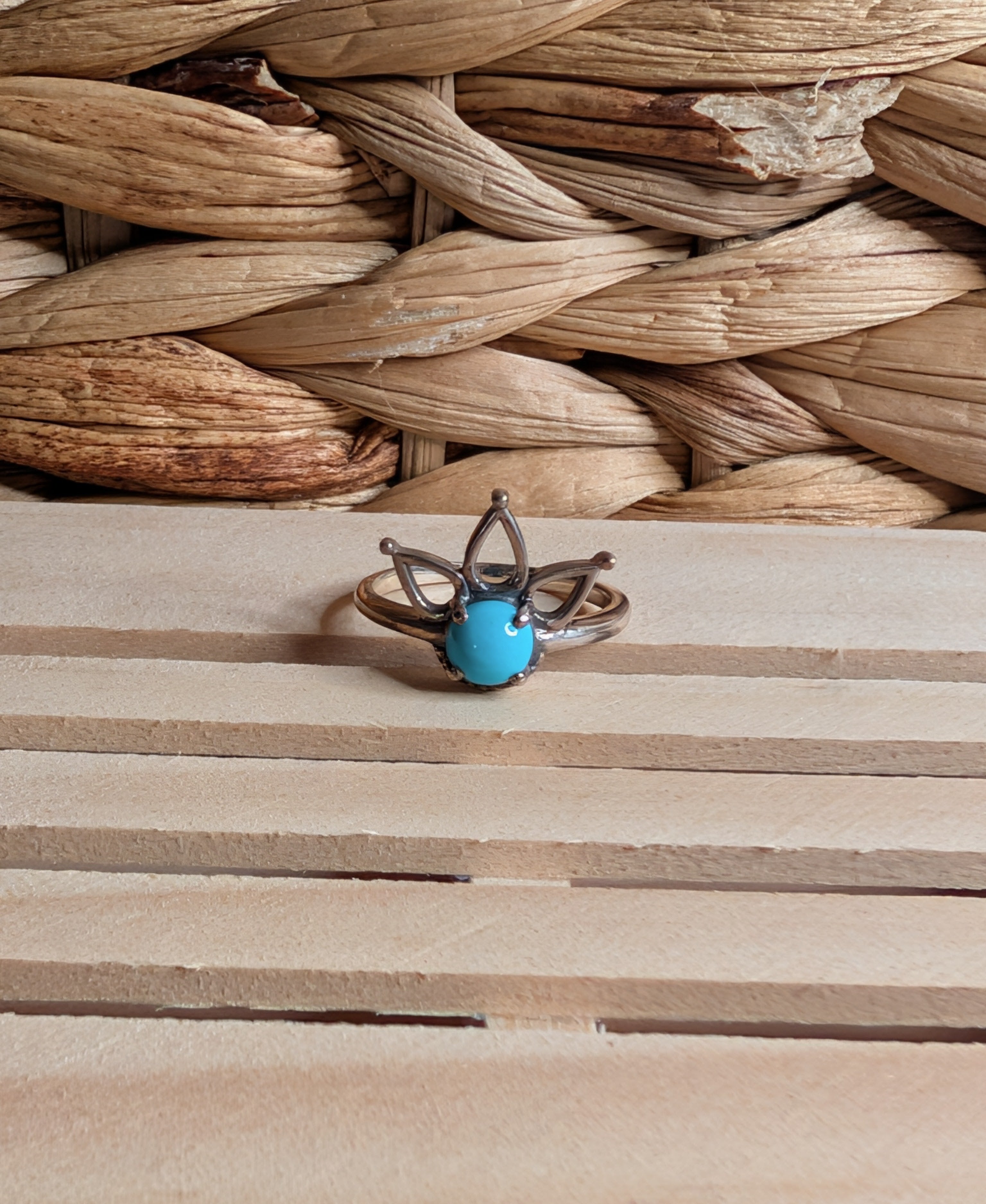 Kingman Turquoise Crowned Lotus Flower Sterling Silver Ring