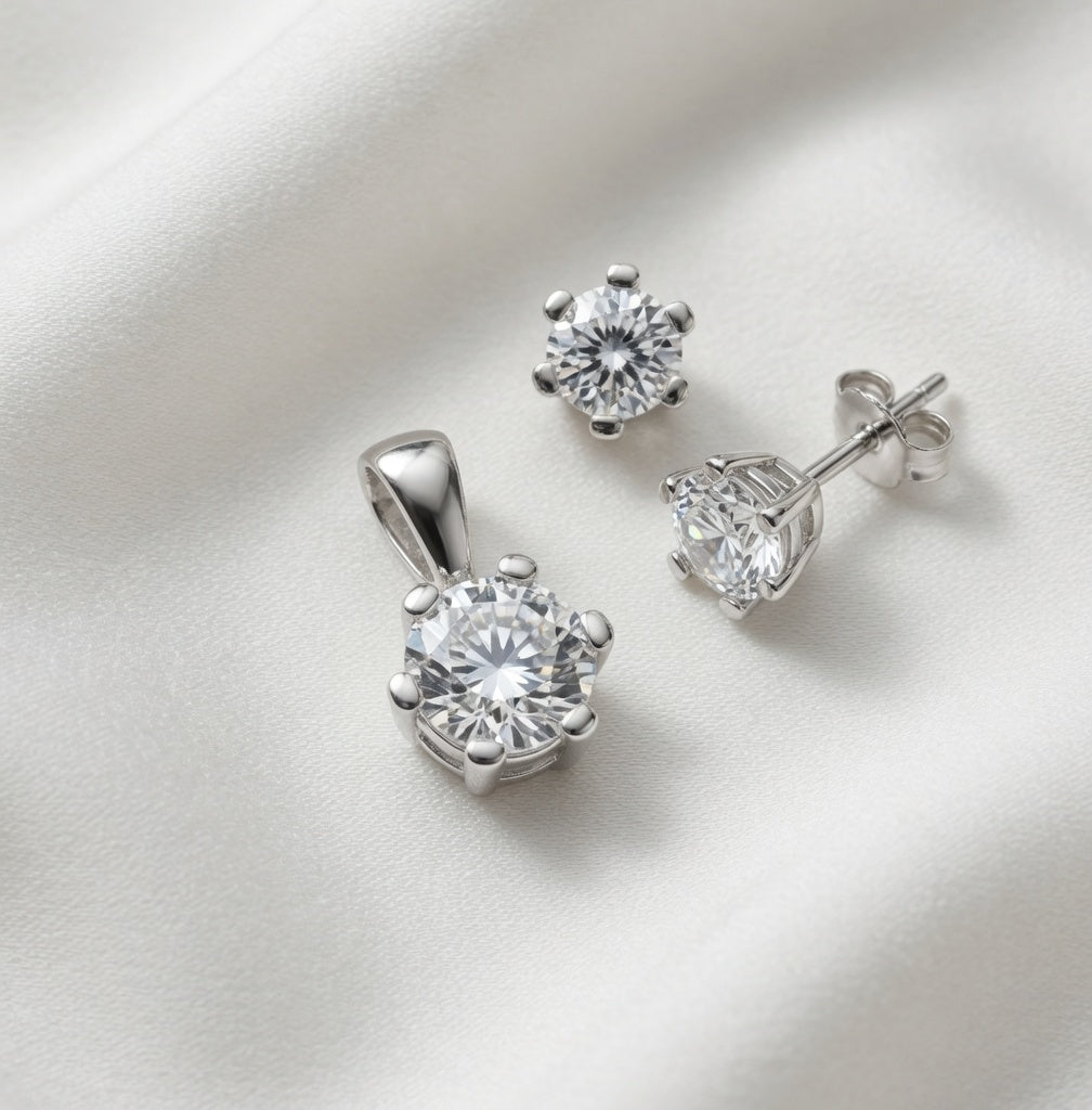 Sterling Silver CZ White GemStone Earrings & Pendant Jewelry Set