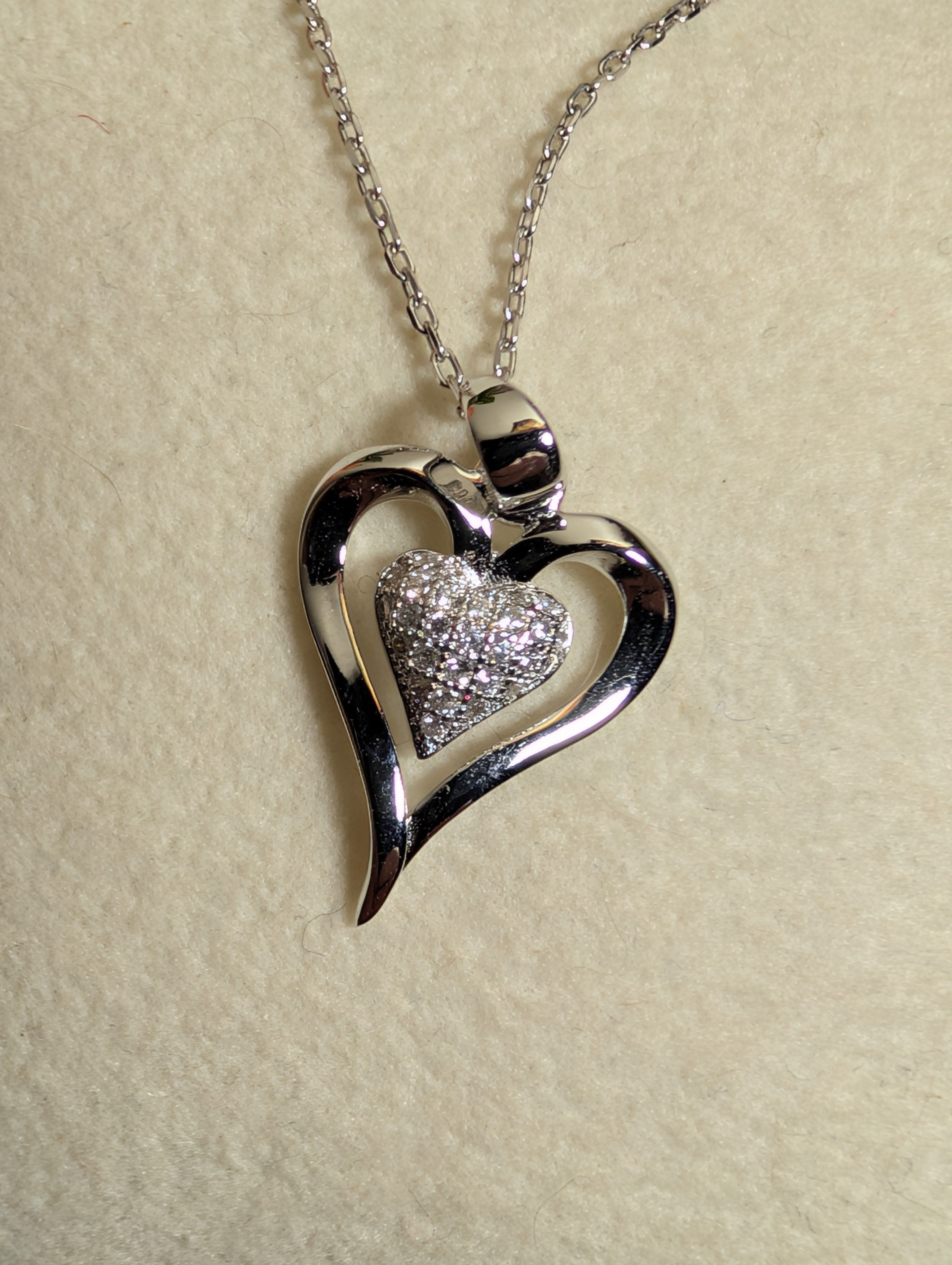 Heart Shaped CZ Outlined Pendant On Sterling Silver Necklace