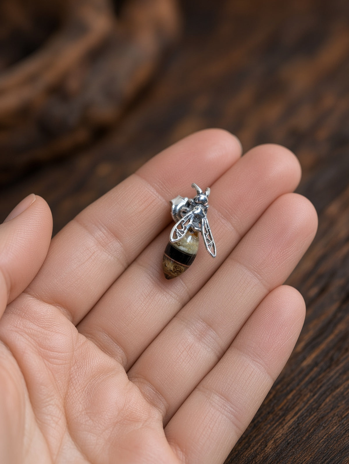Handmade Bee Honey Cognac Cabochons & Sterling Silver Stud Earrings Variant A01