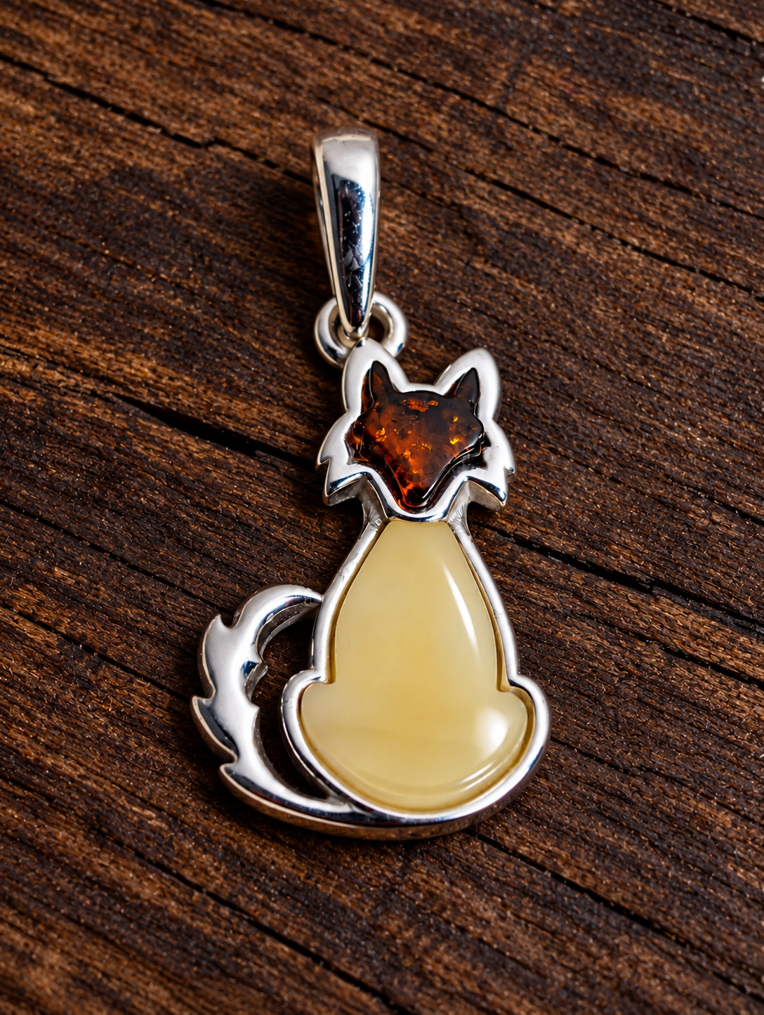 Handmade Fox with Pale Yellow Honey Cognac Cabochons & Sterling Silver Pendant
