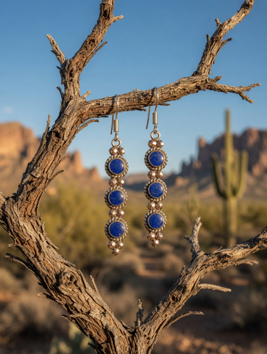 Vintage Southwestern Blue Lapis & Silver Three Stone Dangle Earrings