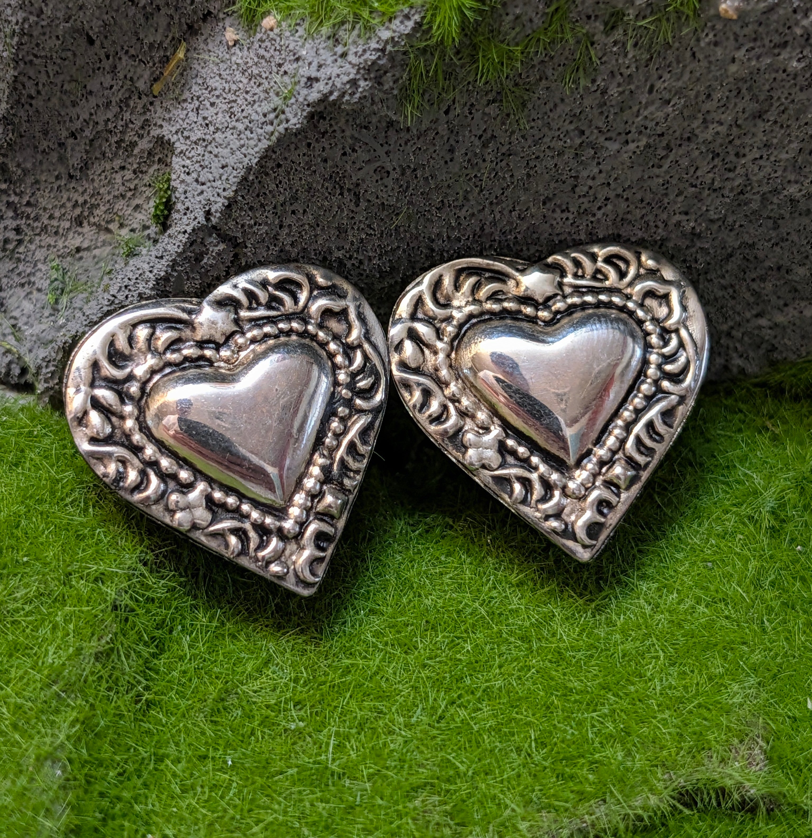 Silver Plated Etched Heart Clip-On Earrings
