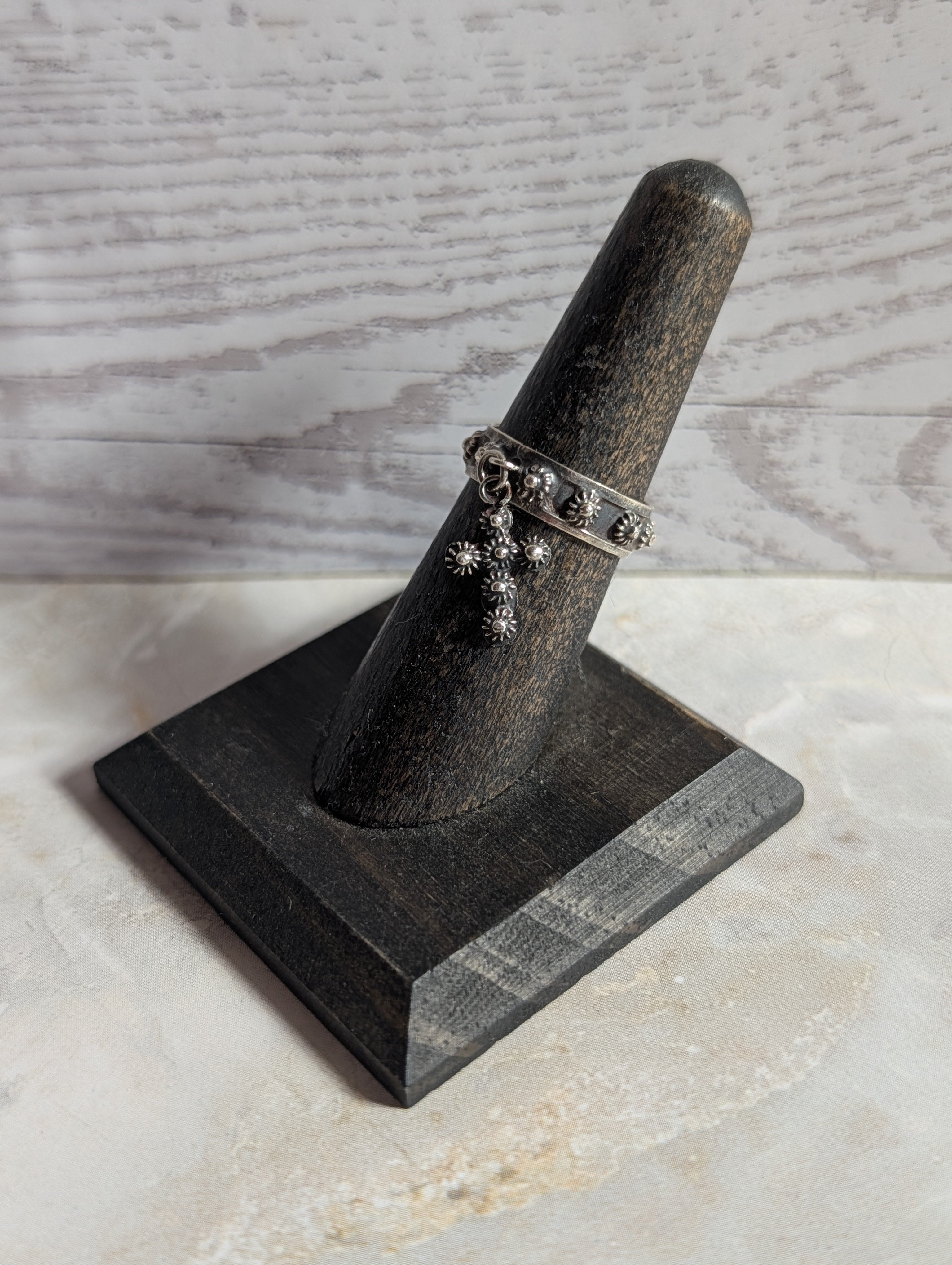 Ornate Filigree Dangle Cross Sterling Silver Charm Ring