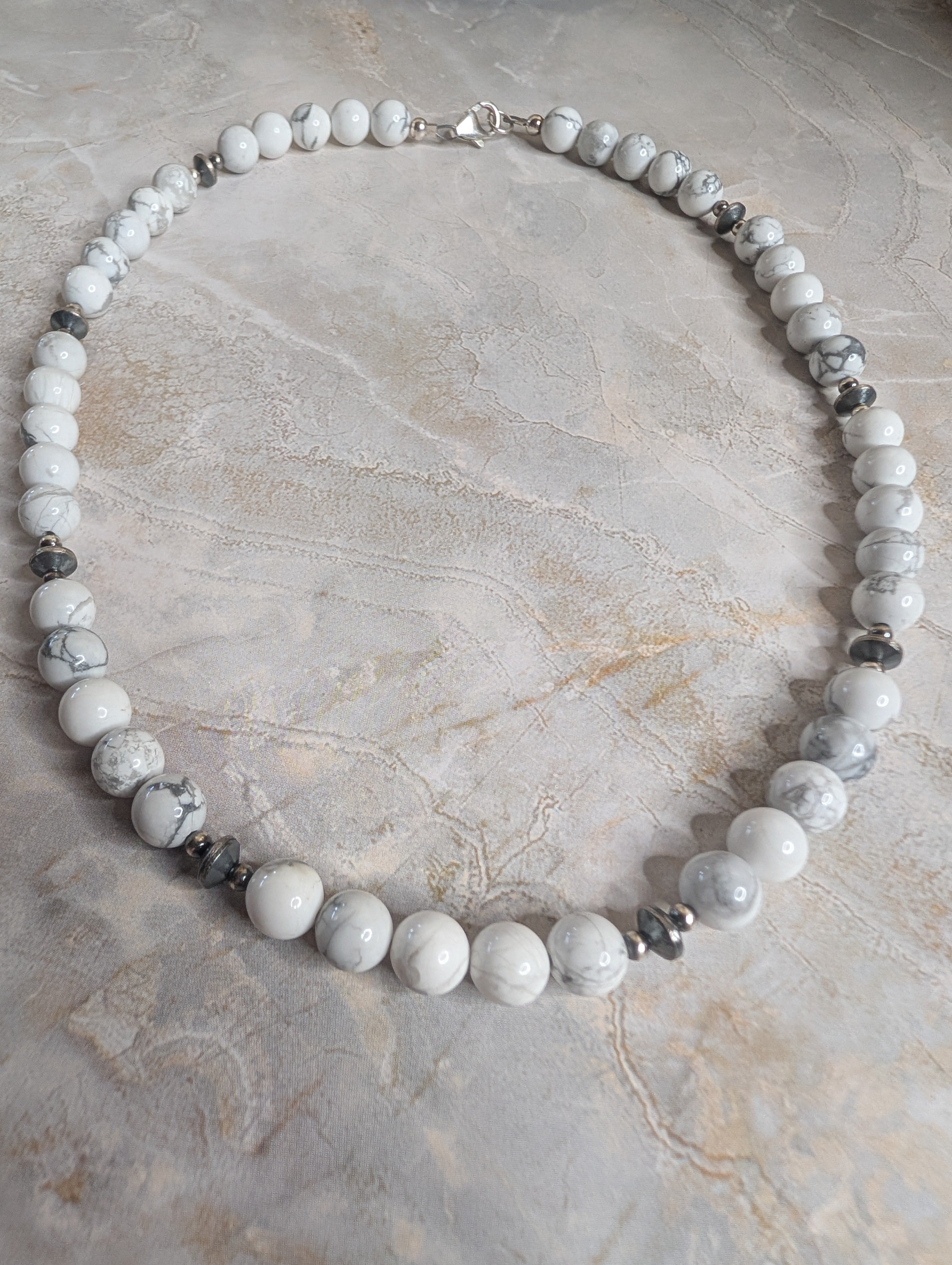 White Howlite Beaded Pearl Sterling Silver Necklace