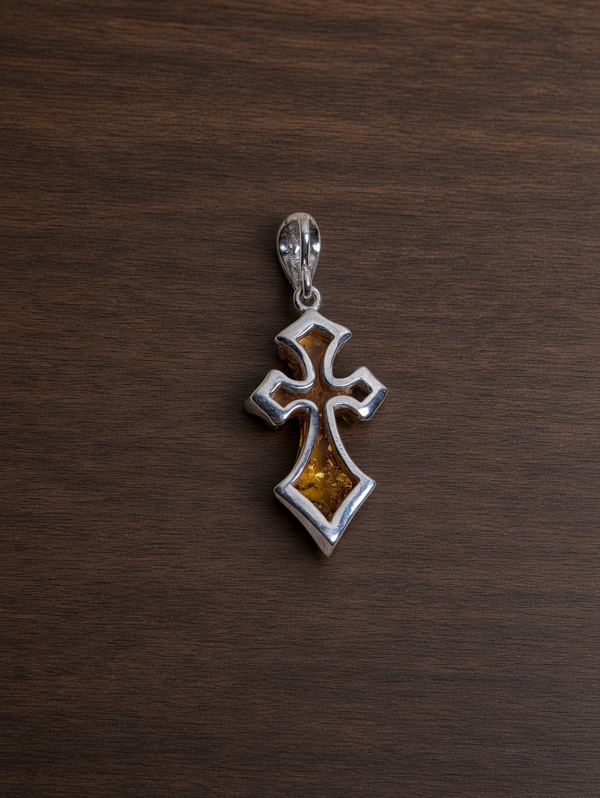 Handmade Cross Shaped Honey Cognac Cabochon & Sterling Silver Pendant