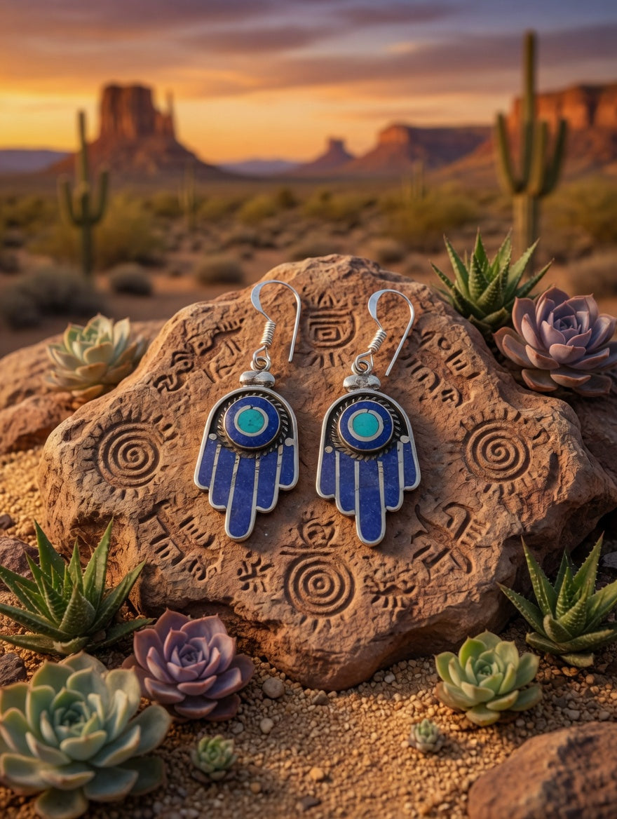 Vintage Southwestern Blue Lapis & Turquoise Silver Hamsa Hand Of Protection Dangle Earrings