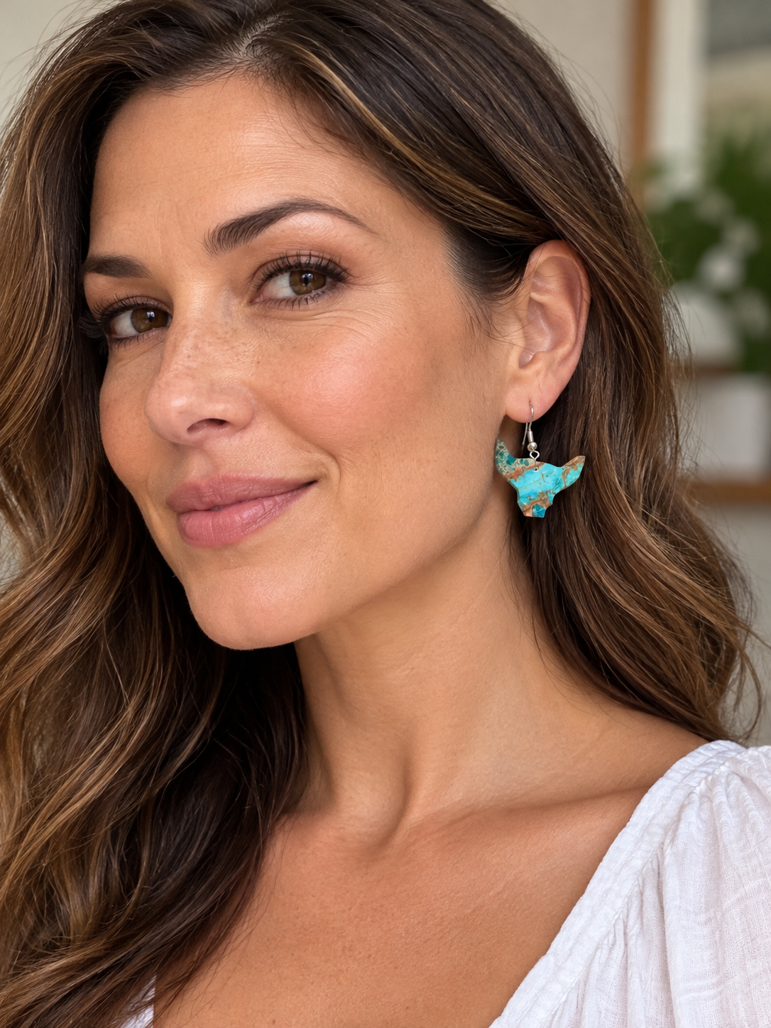 Handcrafted Indigo Turquoise Bull Head Slab Sterling Silver Earrings