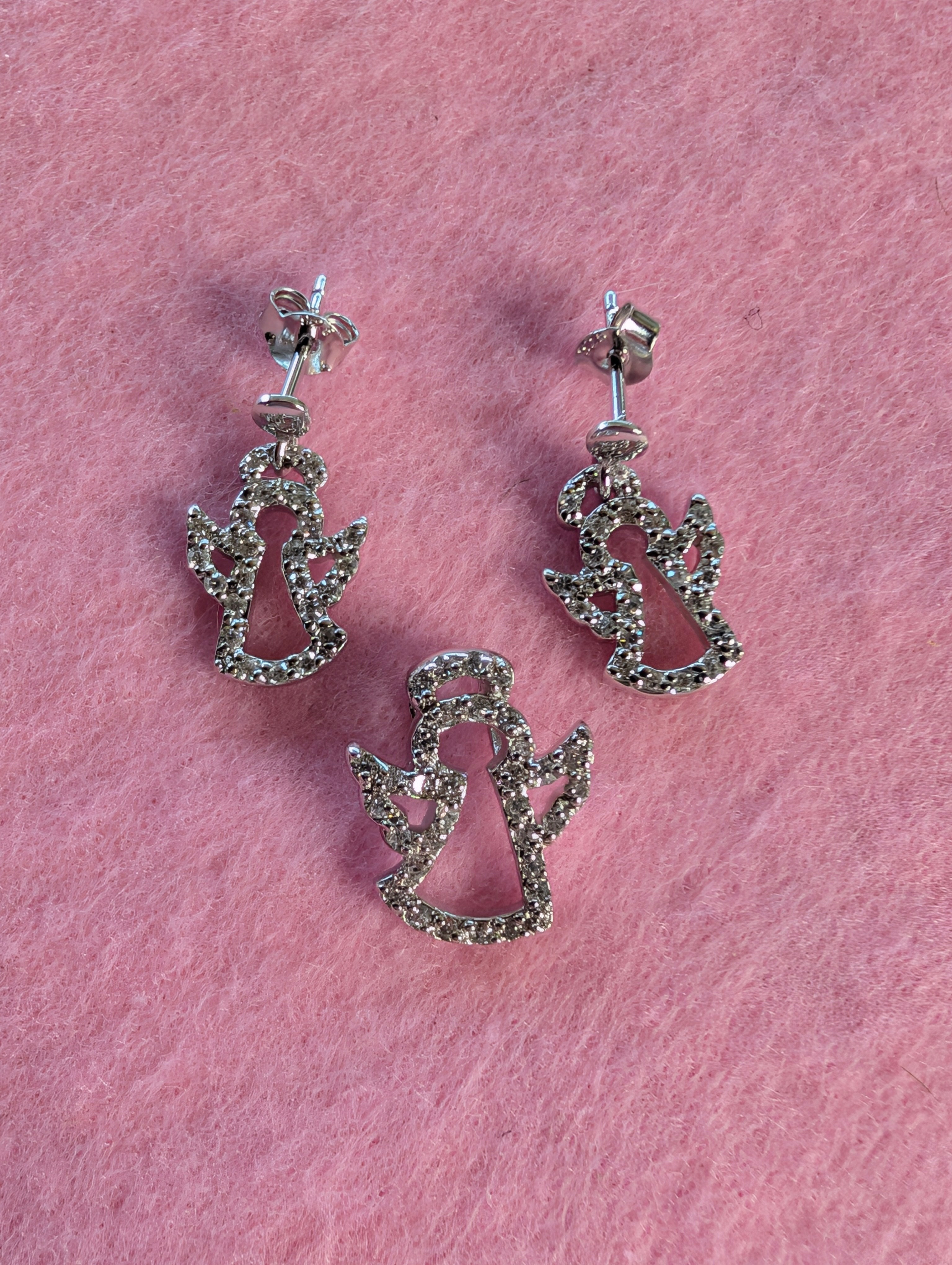 Sterling Silver CZ Matching Angel Earrings & Pendant Jewelry Set