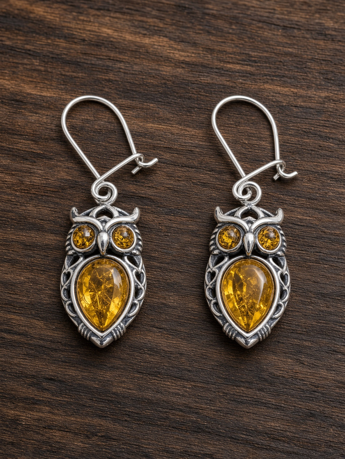 Handmade Owl Earrings with Yellow Inlay & Honey Cognac Cabochons In Sterling Silver