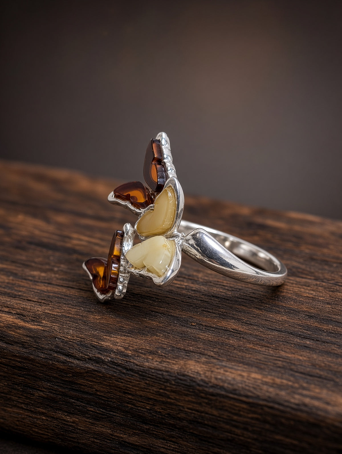 Handmade Butterfly Honey Cognac Cabochons & Sterling Silver Adjustable Ring