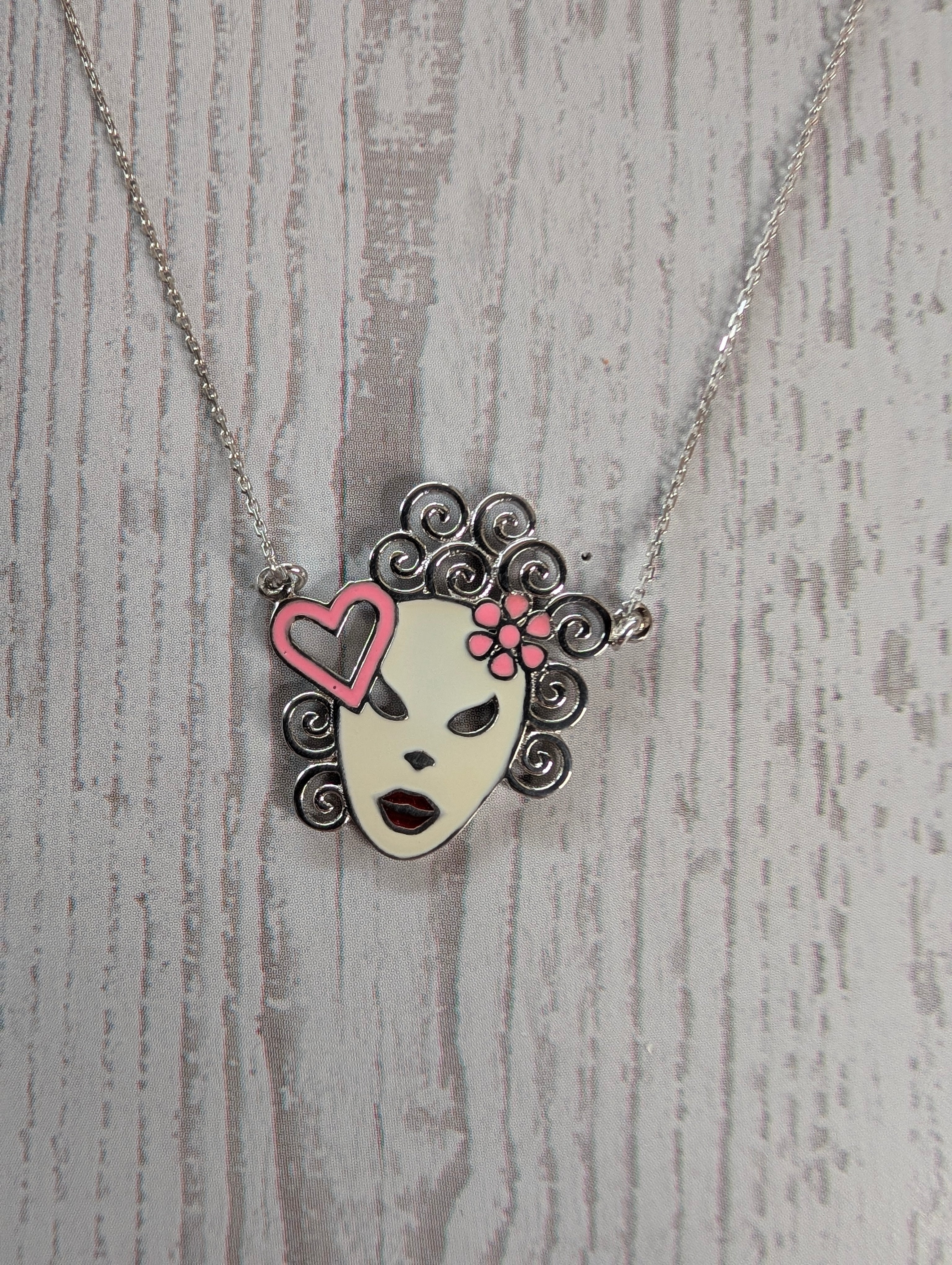 Sterling Silver Enamel Feminine Masquerade Mask With Pink Flowers & Heart
