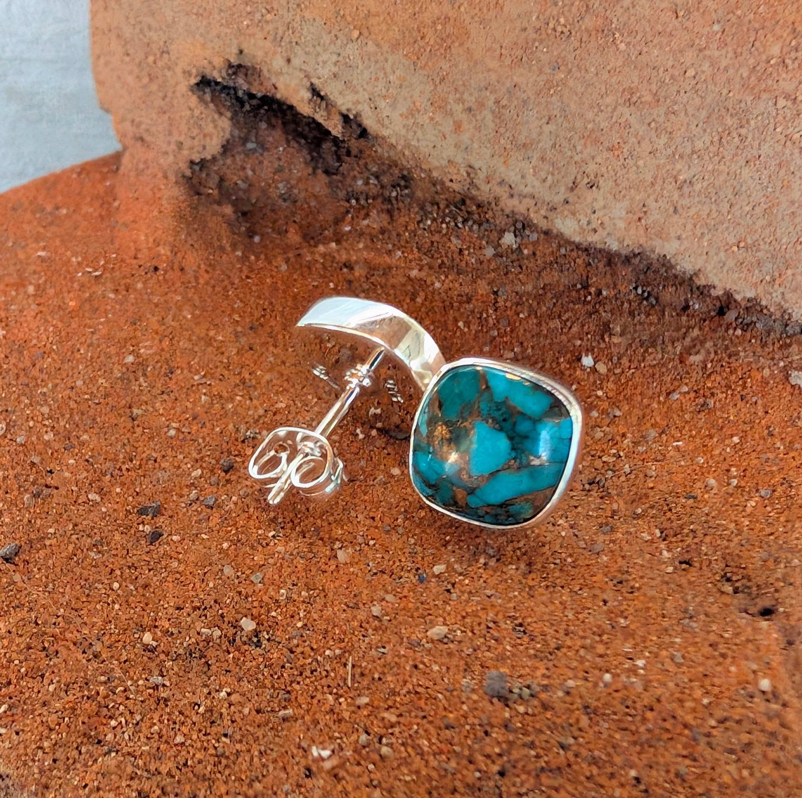 Turquoise Spotted Copper Square Sterling Silver Stud Earrings