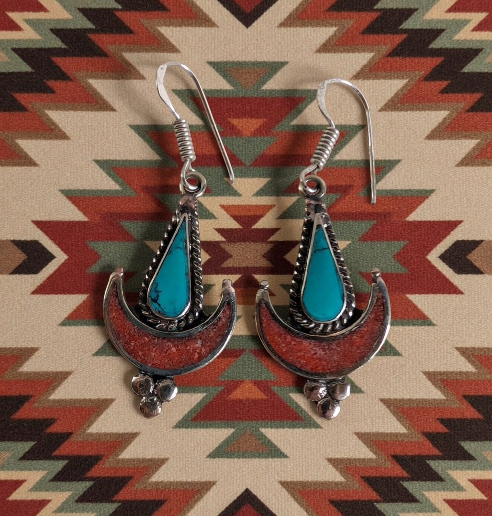 Turquoise & Coral Crescent Moon Dangle Earrings – Southwest Boho Statement