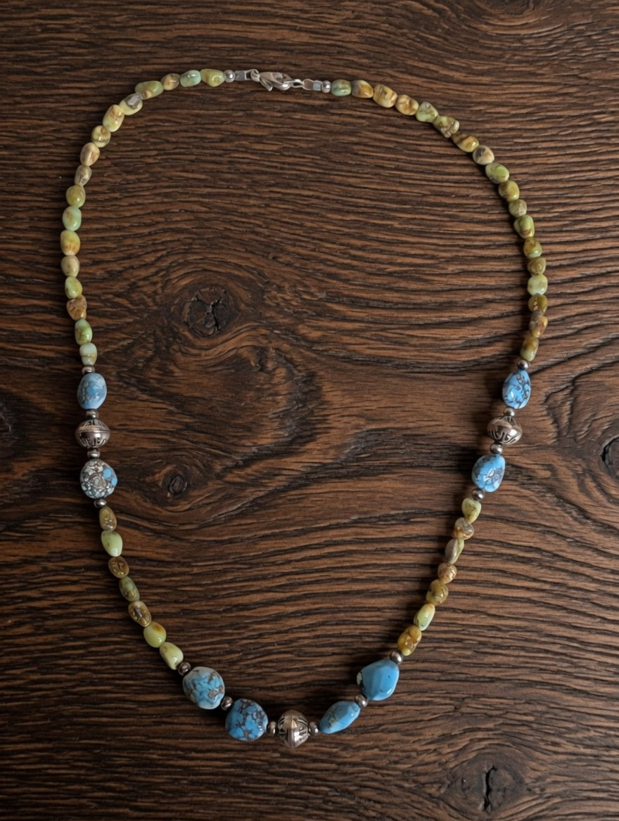 Palomino & Golden Hills Turquoise Hand Strung Sterling Silver Beaded Necklace