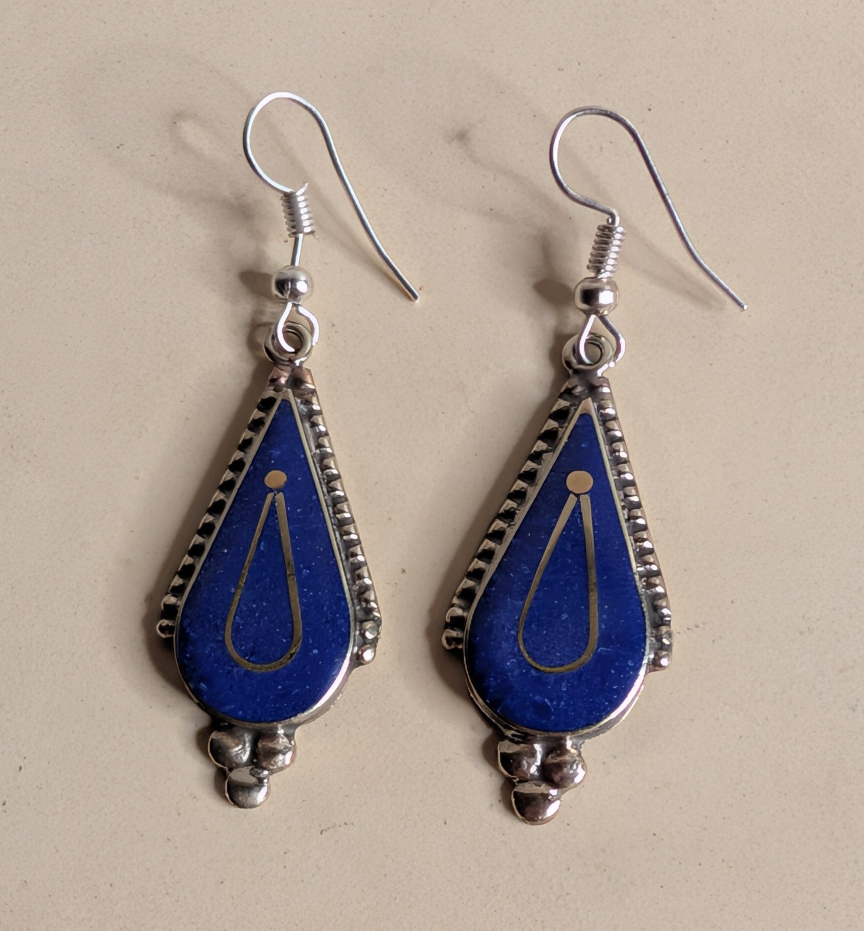 Blue Lapis Teardrop Dangle Earrings with Triple Silver Ball Drop