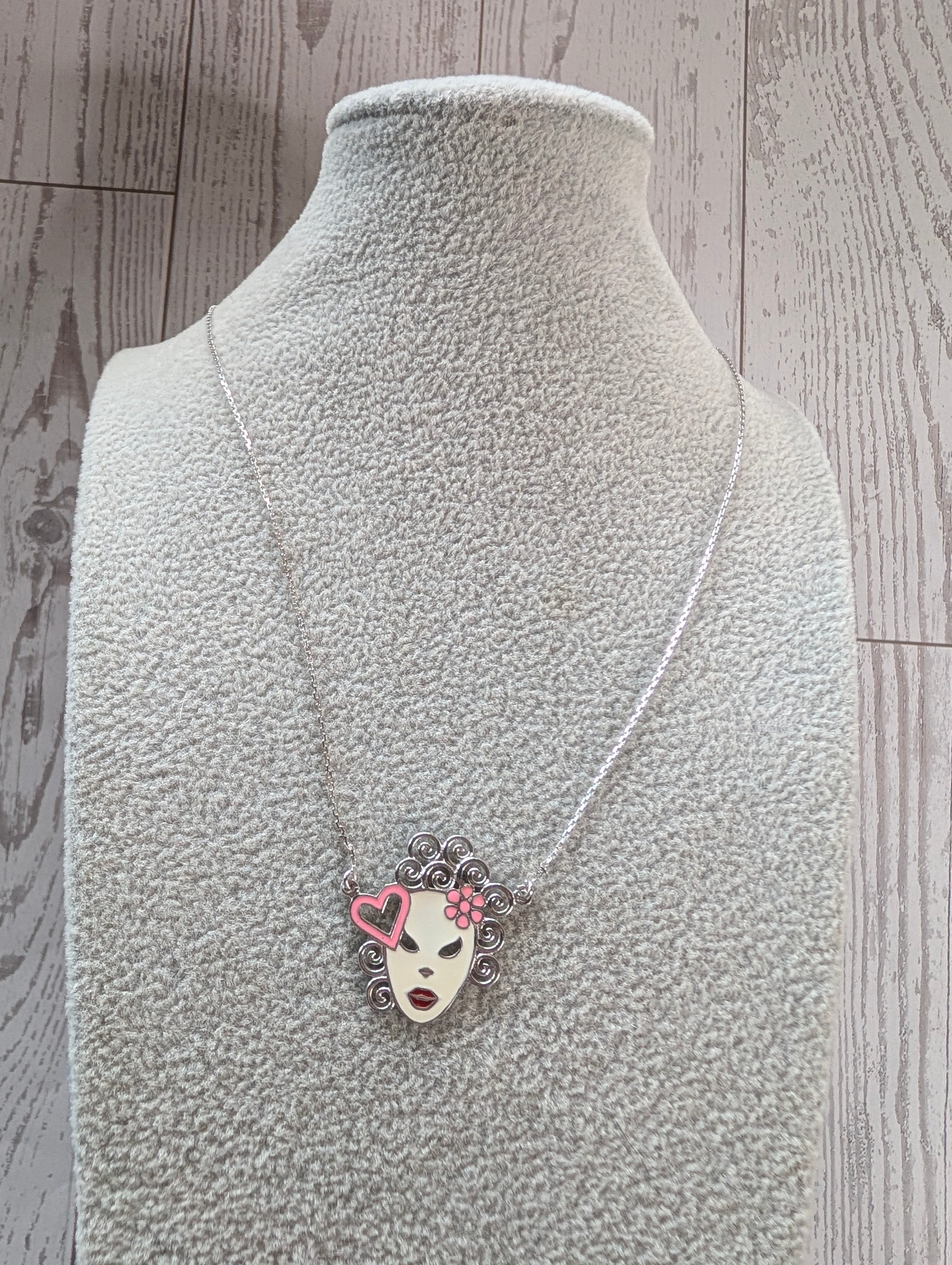 Sterling Silver Enamel Feminine Masquerade Mask With Pink Flowers & Heart