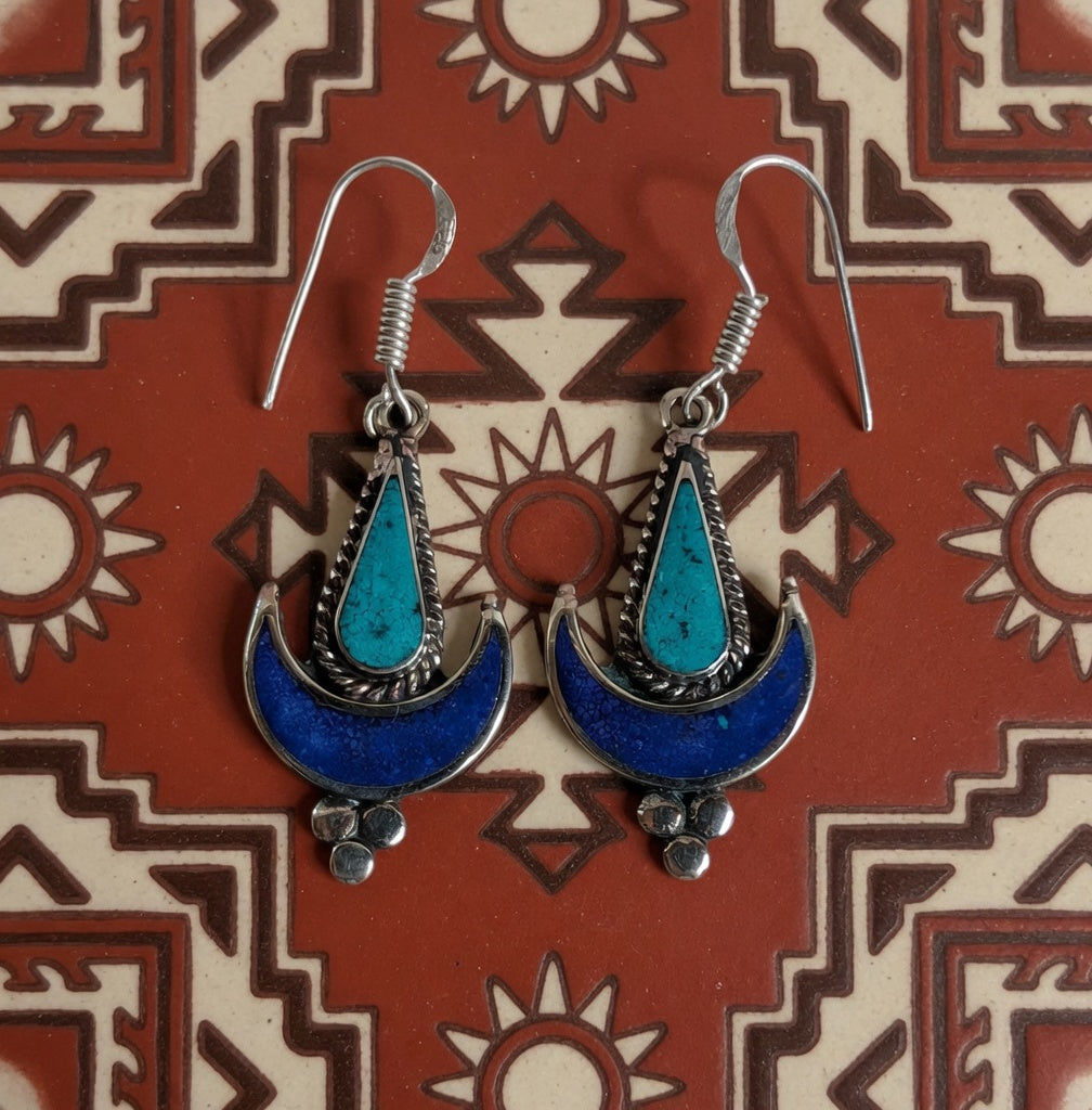 Turquoise & Lapis Crescent Moon Dangle Earrings – Southwest Boho Statement