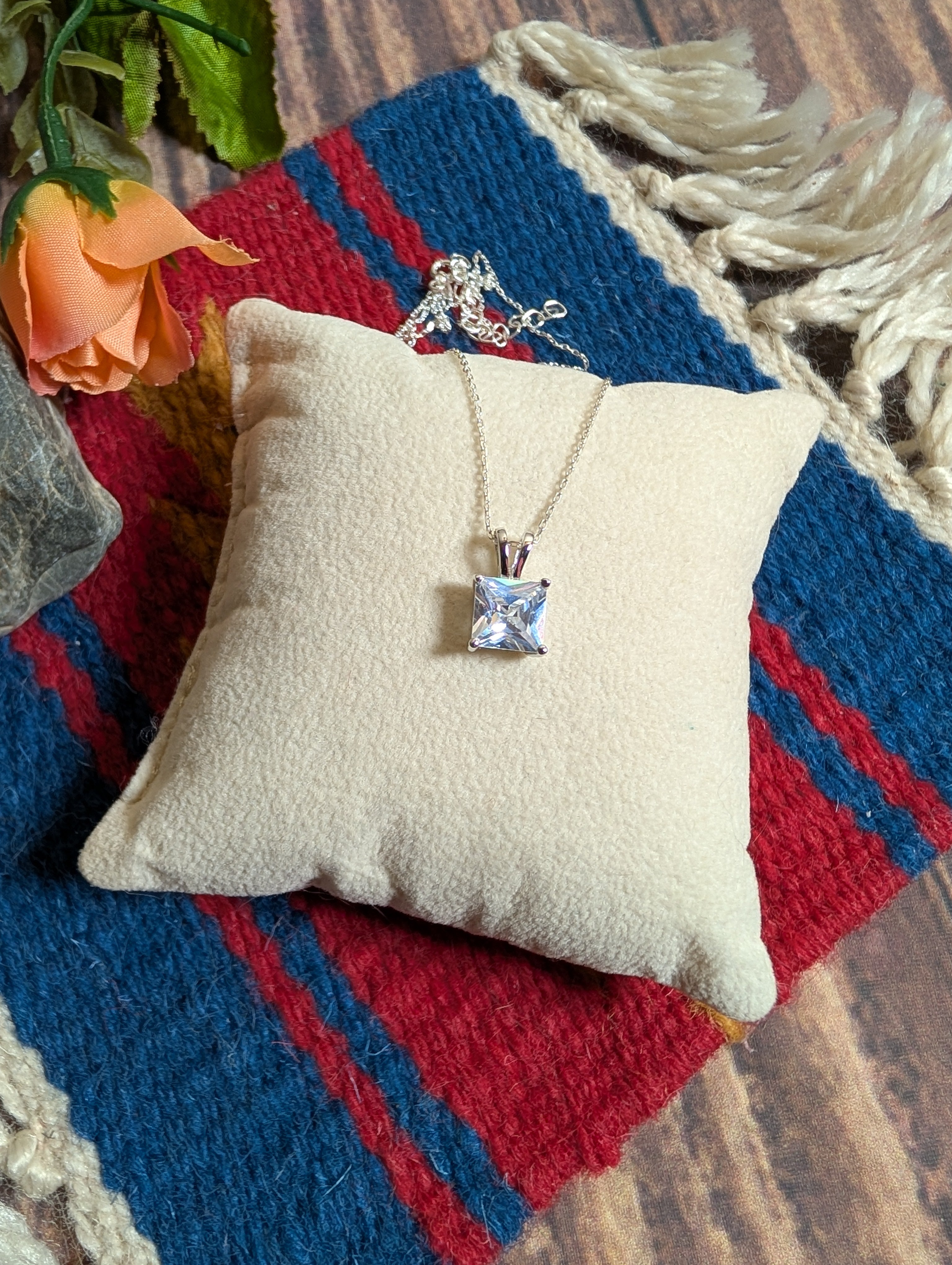 Square Shaped CZ Pendant On Sterling Silver Necklace