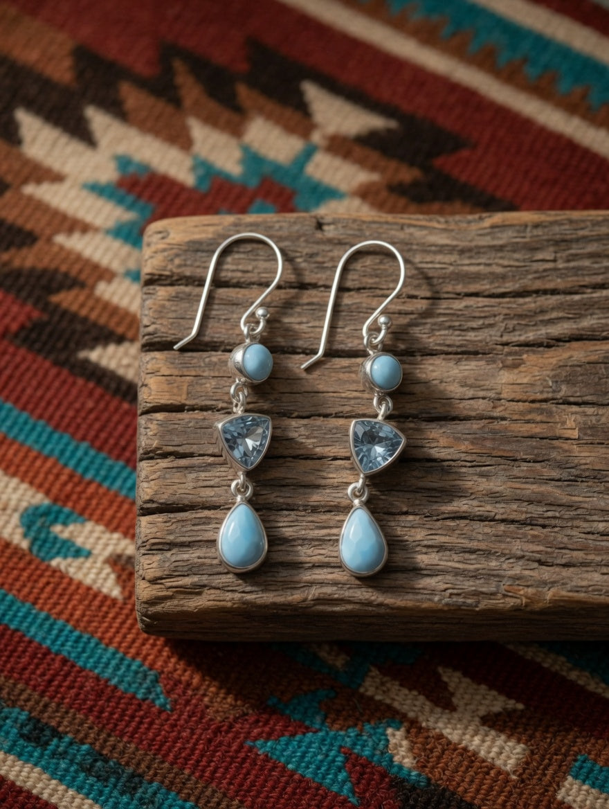 Larimar & Blue Topaz Three Stone Sterling Silver Dangle Earrings