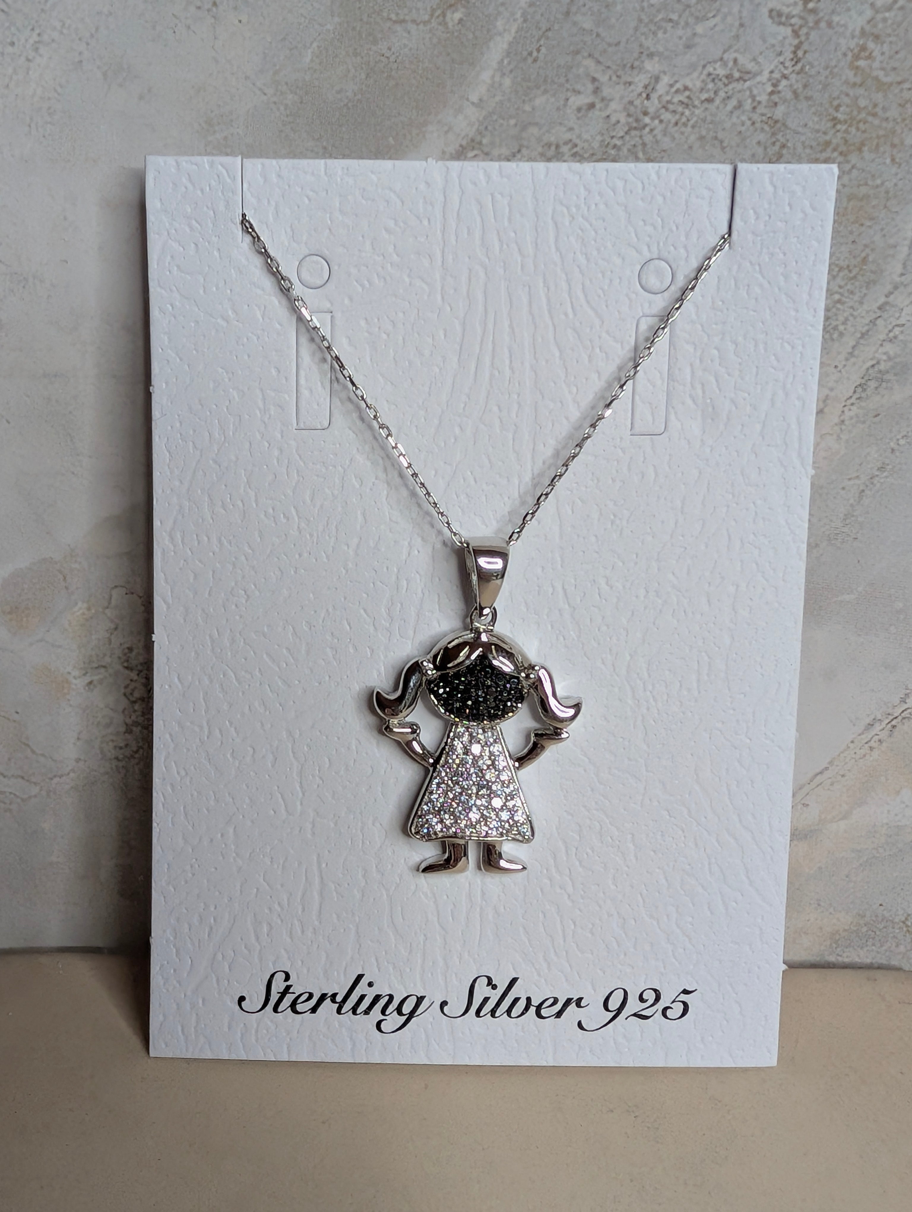 Sterling Silver Black & White CZ Girl With Pigtails Necklace