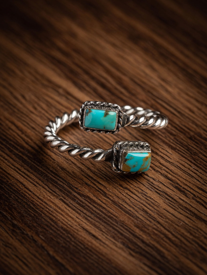 Turquoise Two Stone Sterling Silver Adjustable Ring