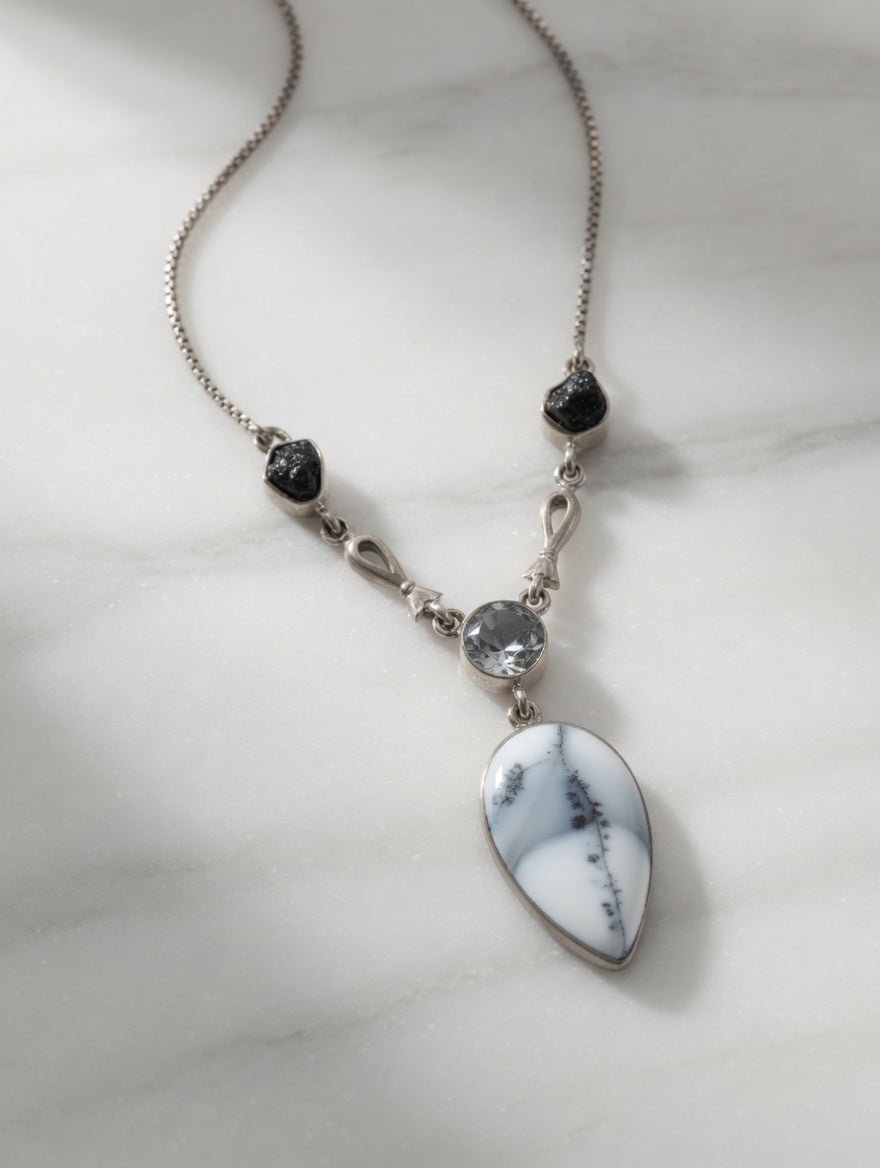 Dendritic Agate Leaf Shaped Gemstone With Clear Quartz & Black Tourmaline Sterling Silver Lariat Necklace