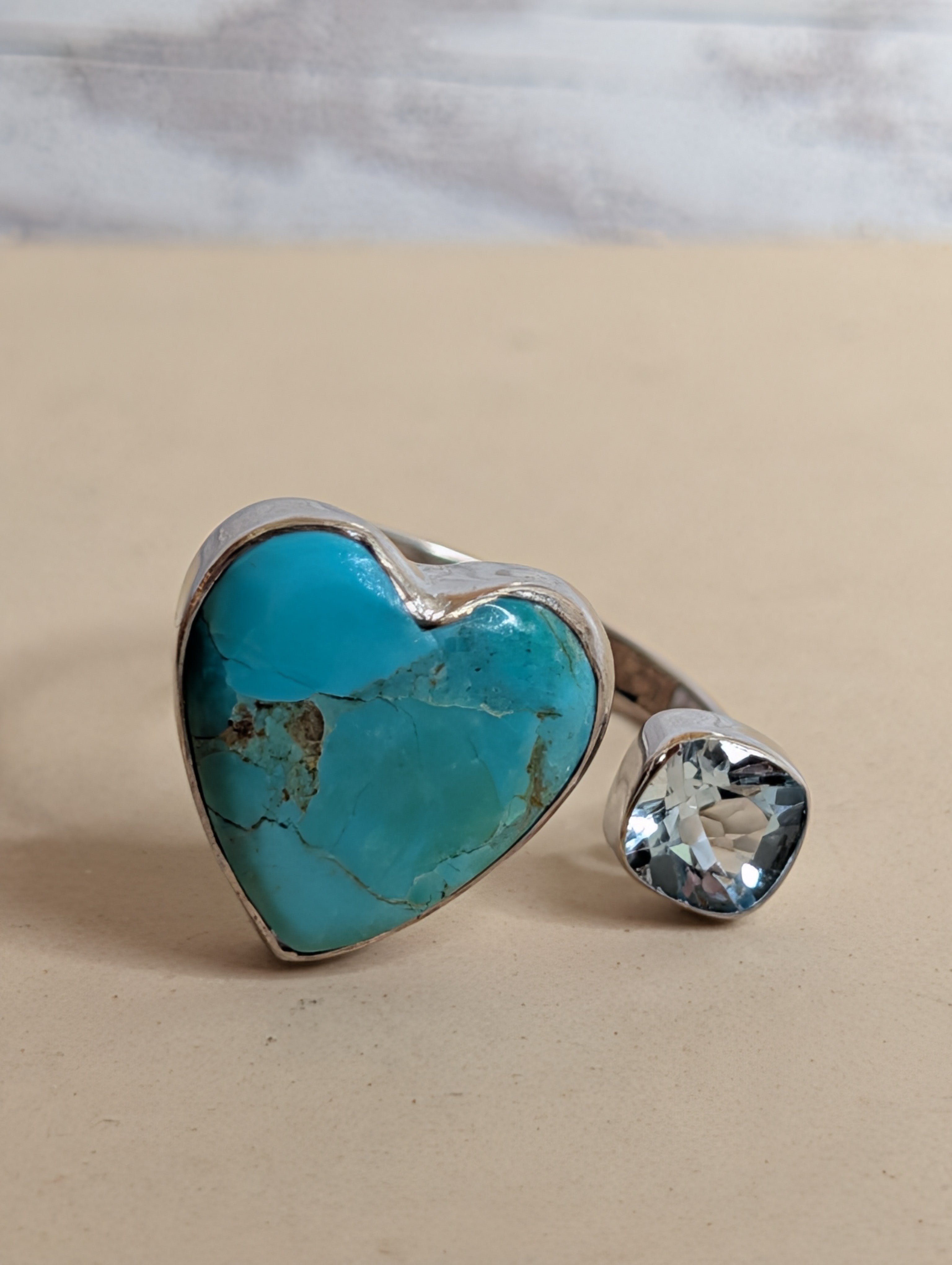 Kingman Turquoise Heart & Square Shaped Blue Topaz Sterling Silver Adjustable Ring