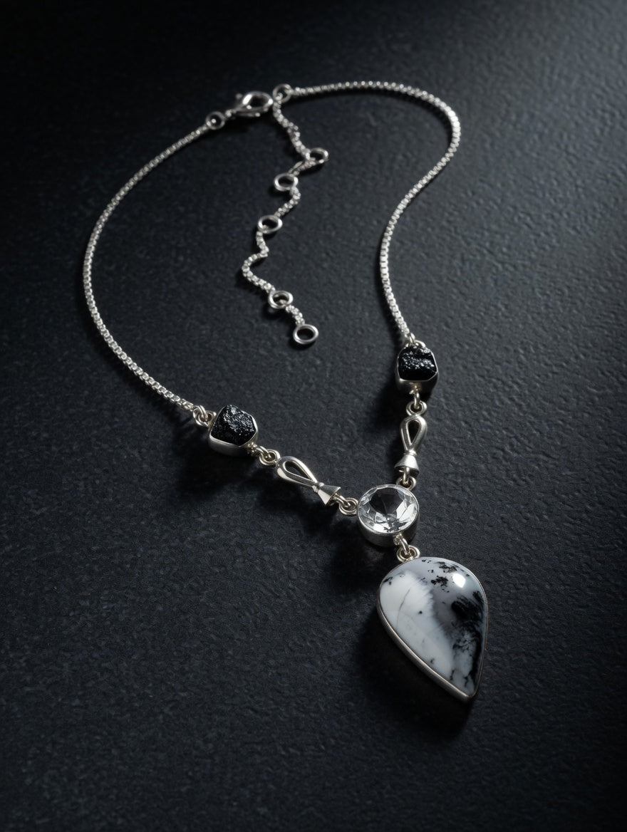 Dendritic Agate Pear Shape Gemstone With Clear Quartz & Black Tourmaline Sterling Silver Lariat Necklace