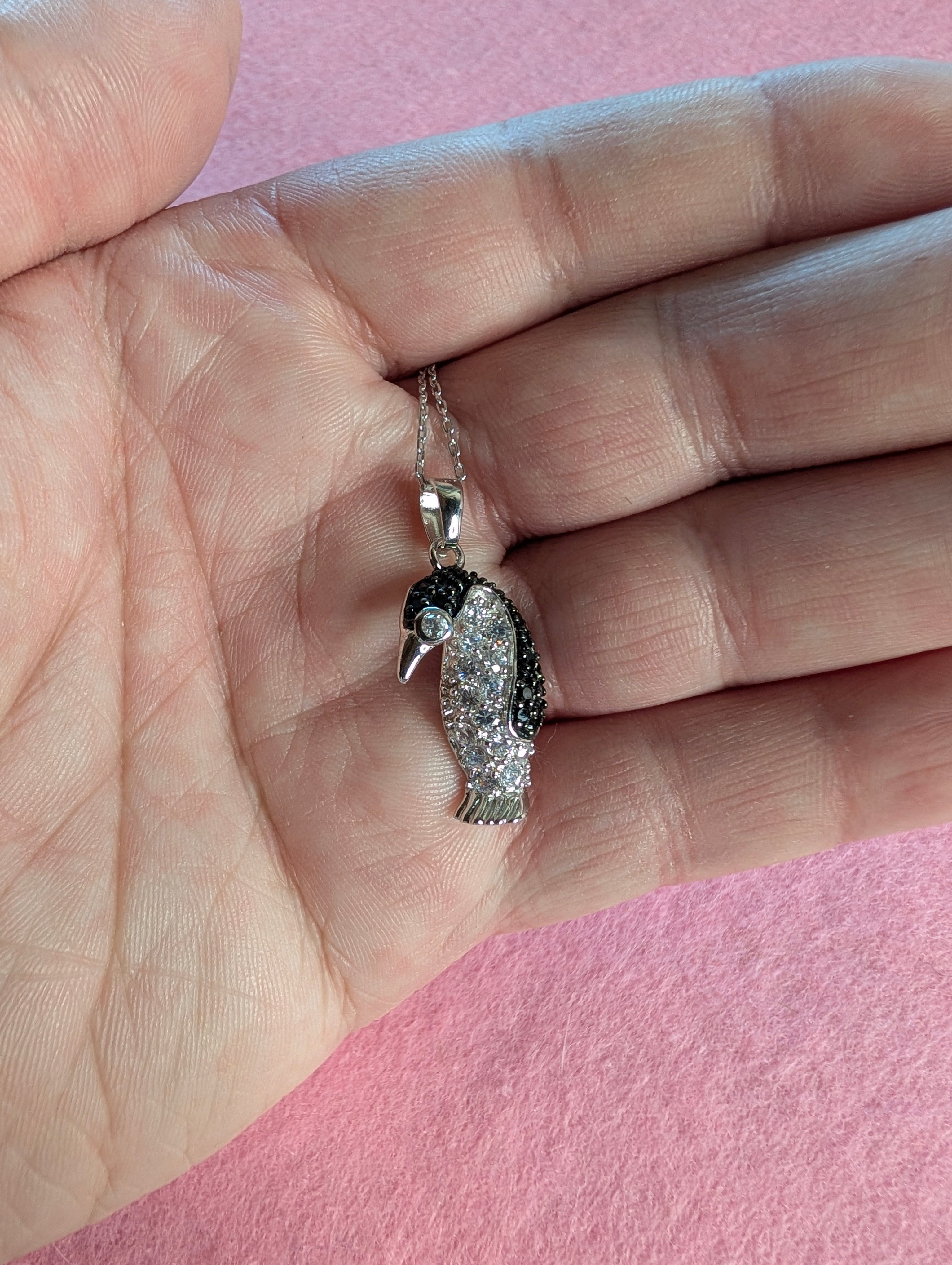 Sterling Silver Black Druzy CZ Penguin Winter Cold Pendant Necklace
