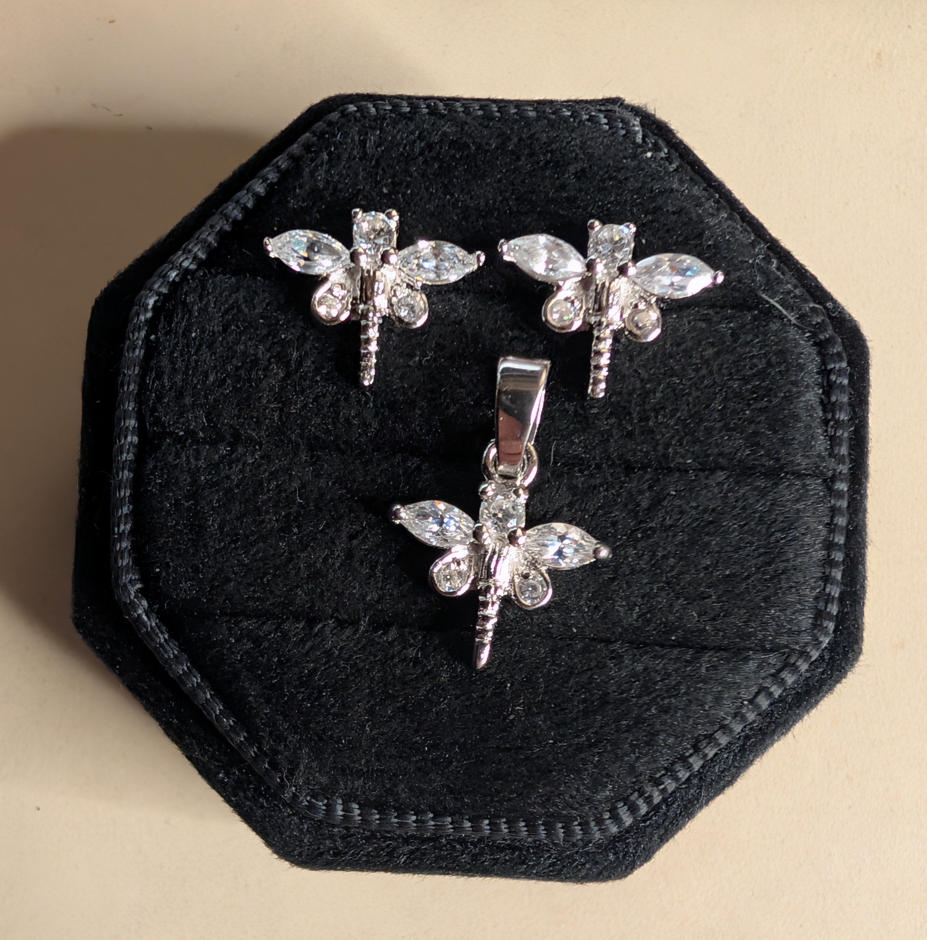 Sterling Silver CZ DragonFly Earrings & Pendant Jewelry Set