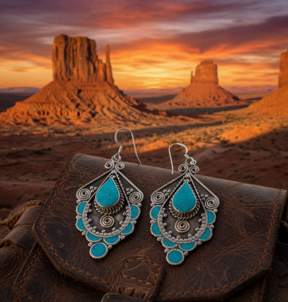 Vintage Turquoise Teardrop Filigree Statement Earrings