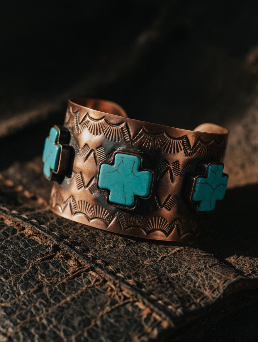 Engraved Copper Cuff Bracelet with Blue Cross Accents