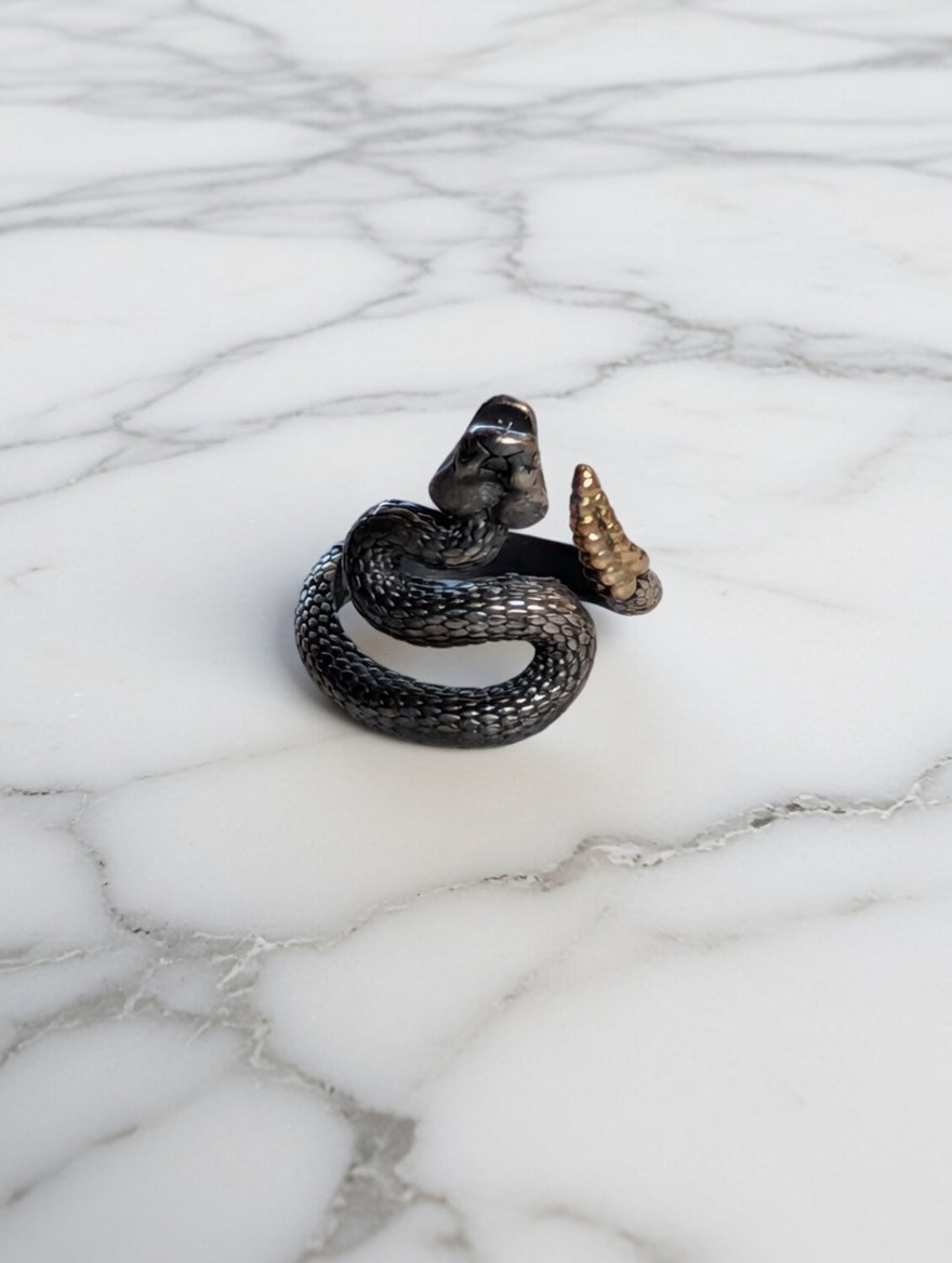 Oxidized Sterling Silver 18k Gold Coiled Rattlesnake Ring
