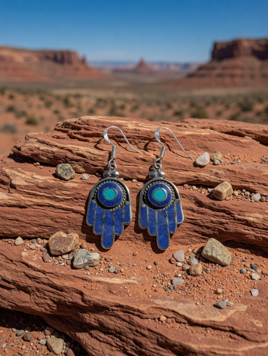 Vintage Southwestern Blue Lapis & Turquoise Silver Hamsa Hand Of Protection Dangle Earrings