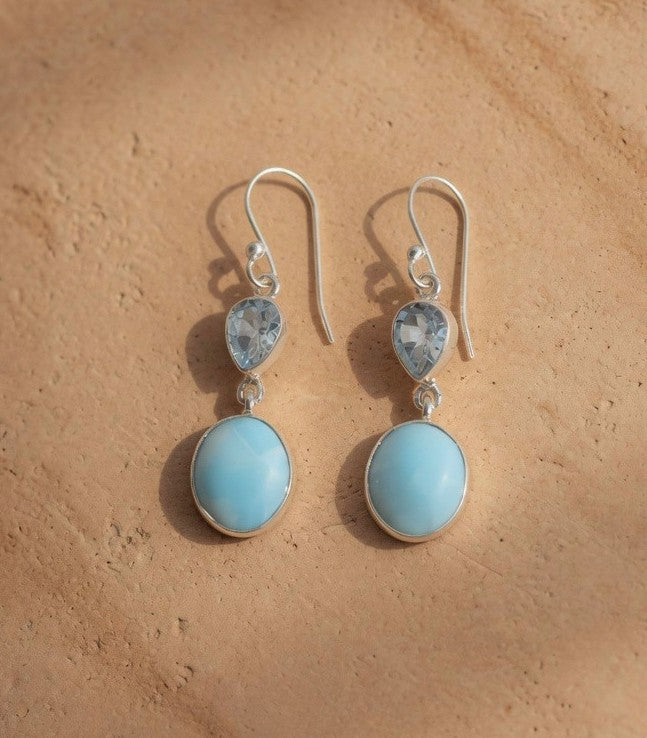 Larimar & Blue Topaz Two Stone Sterling Silver Dangle Earrings