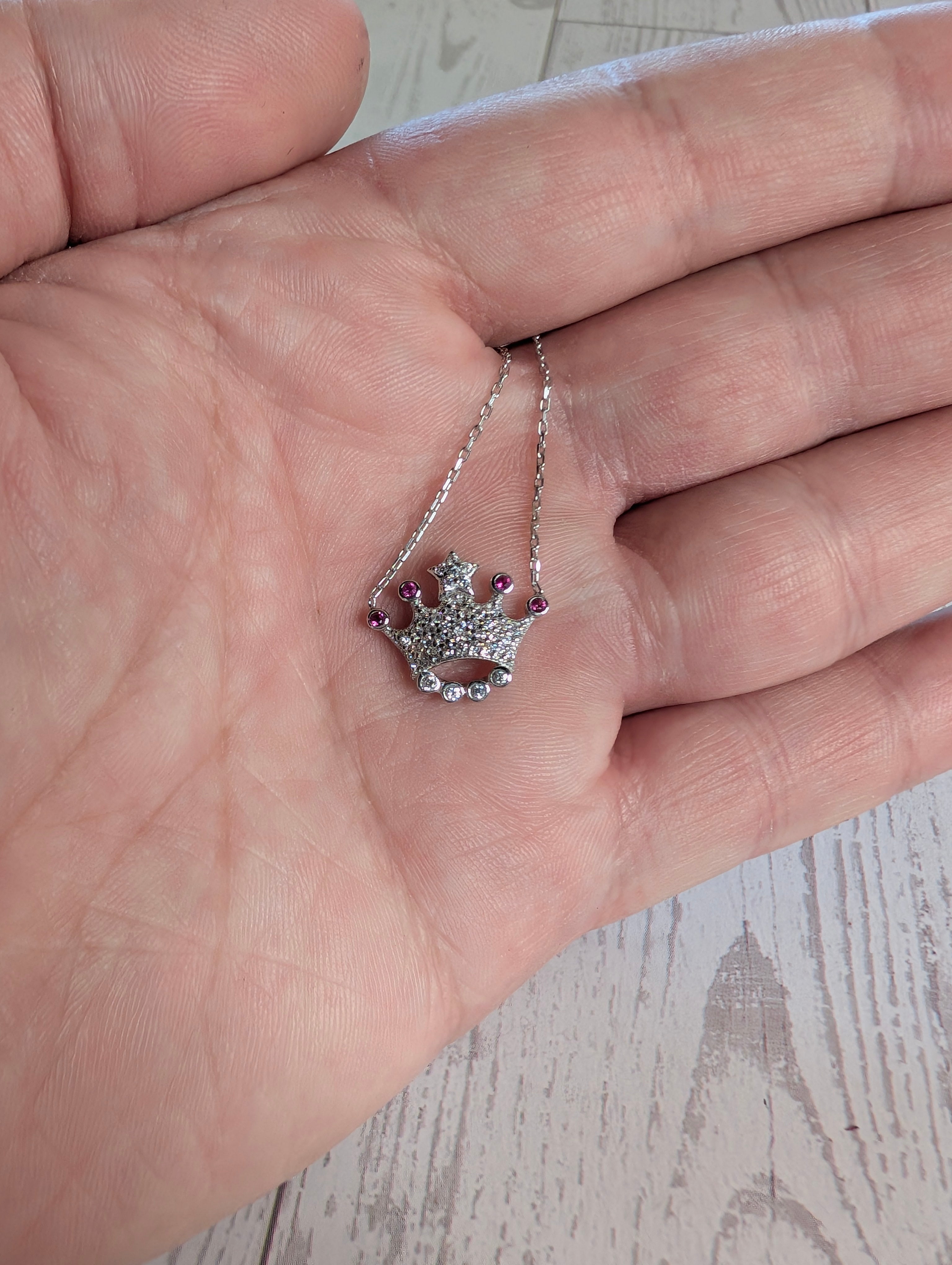 Sterling Silver CZ Hot Pink Gemstones Queen & King Star Crown Bar Necklace