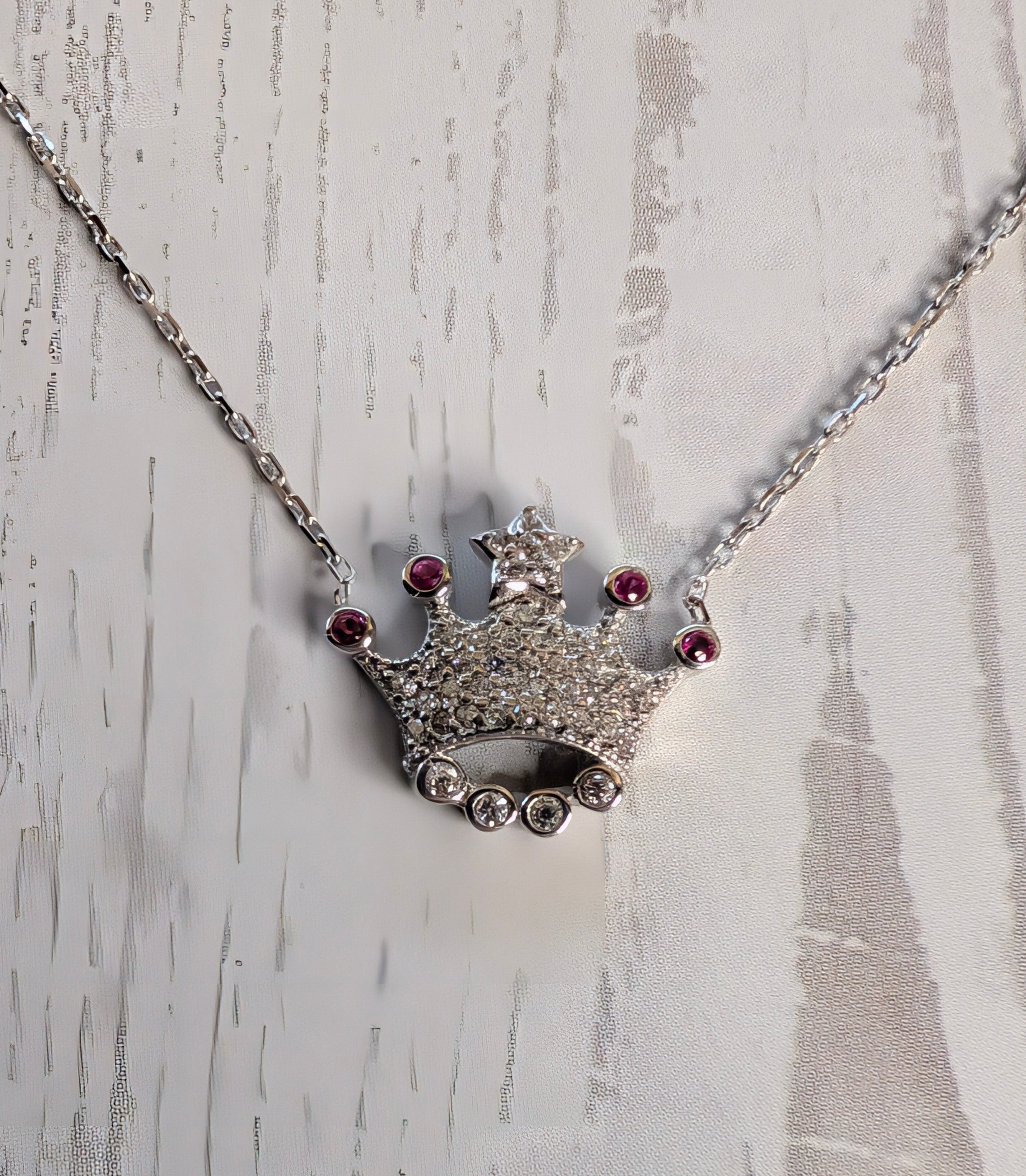Sterling Silver CZ Hot Pink Gemstones Queen & King Star Crown Bar Necklace
