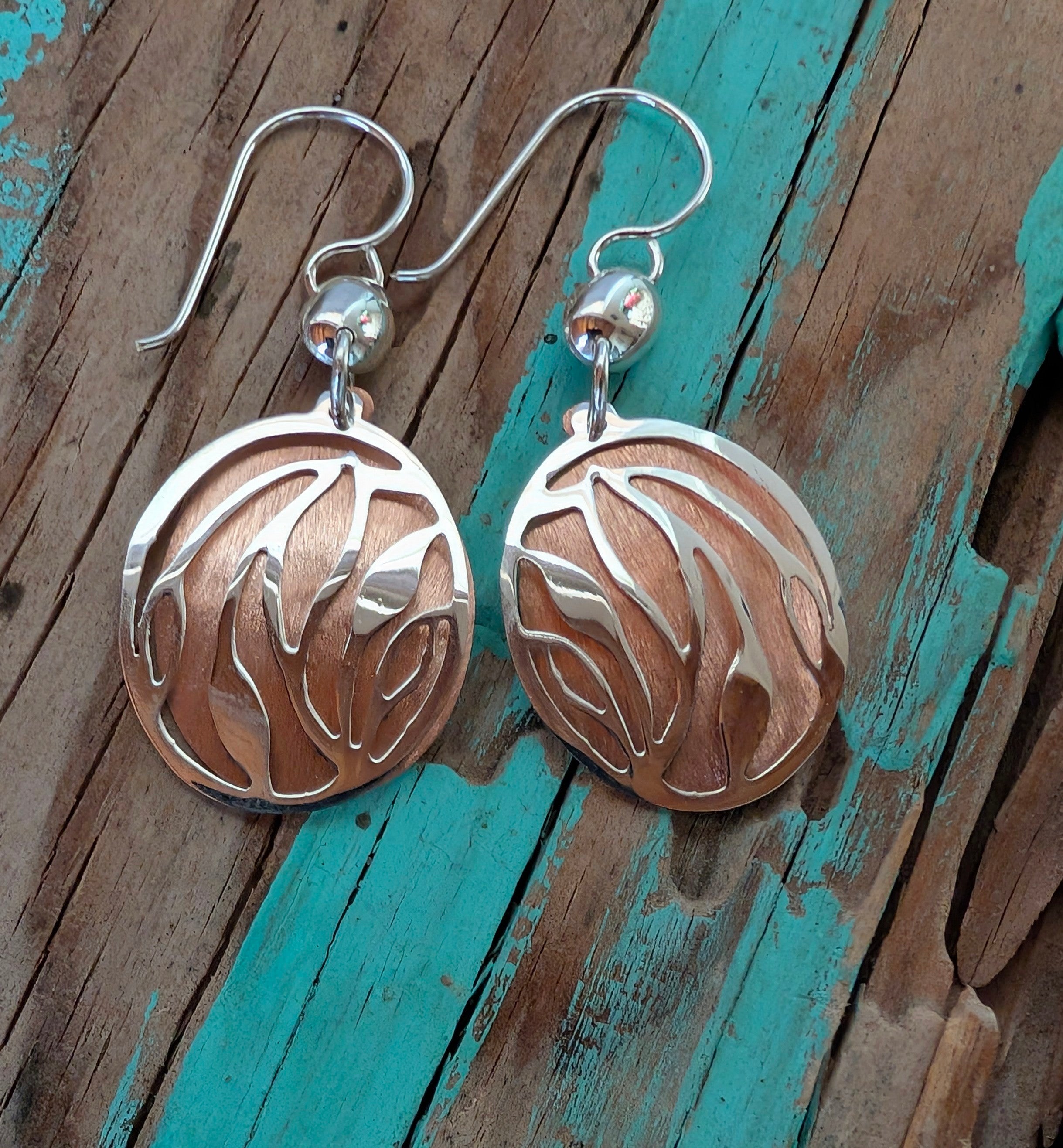 Sterling Silver & Copper Etched Circle Hook Earrings