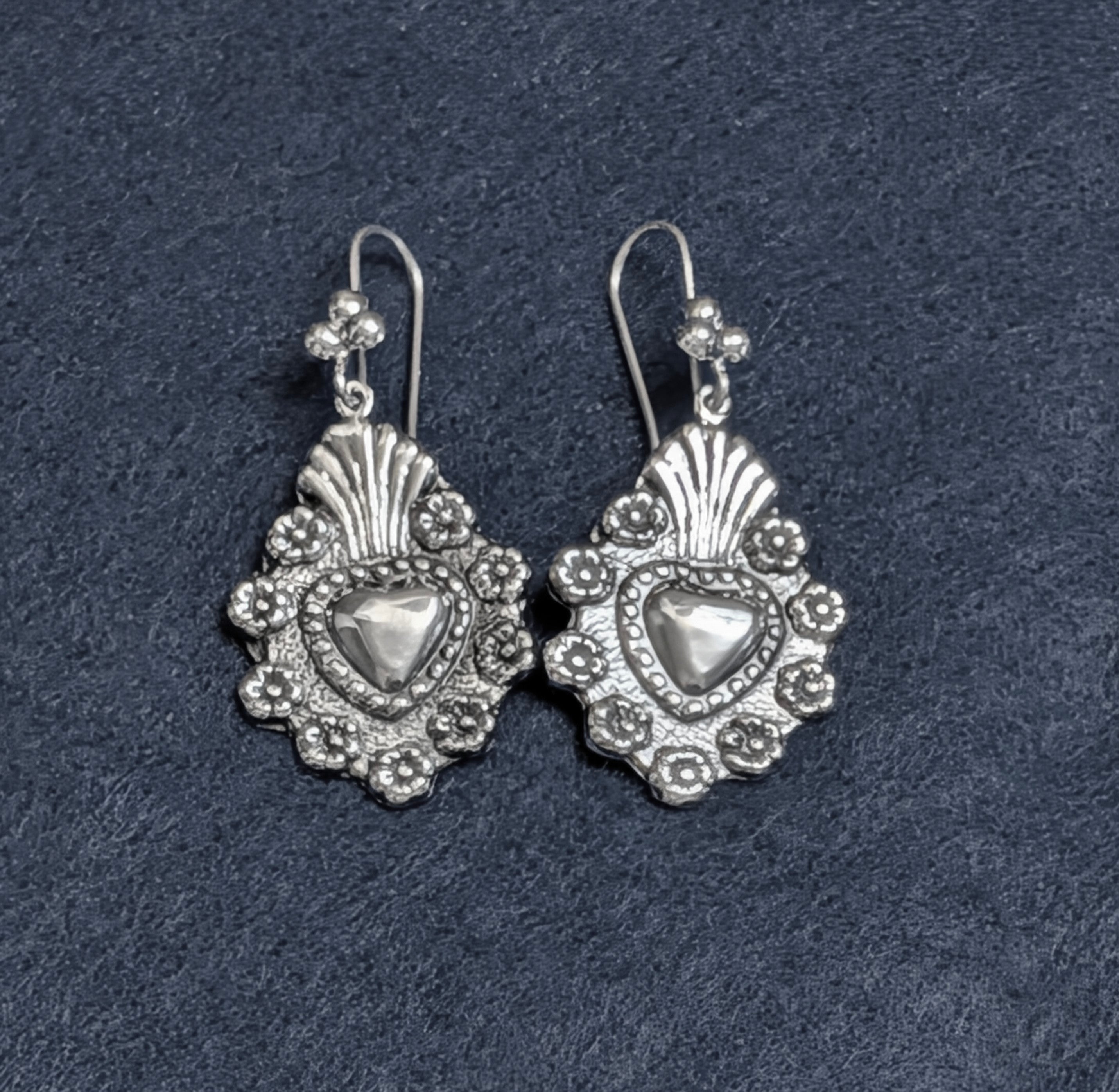 Sterling Silver Sacred Heart & Flower Hook Earrings