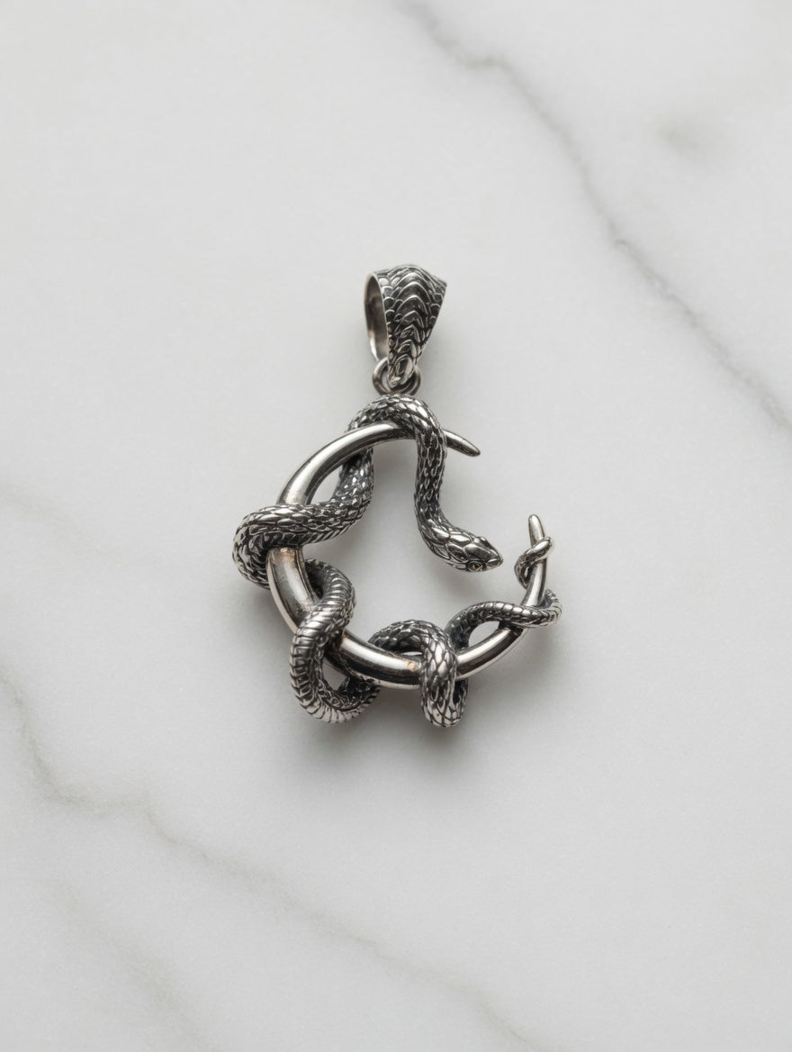 Sterling Silver Round Snake Pendant With 18k Gold Accents