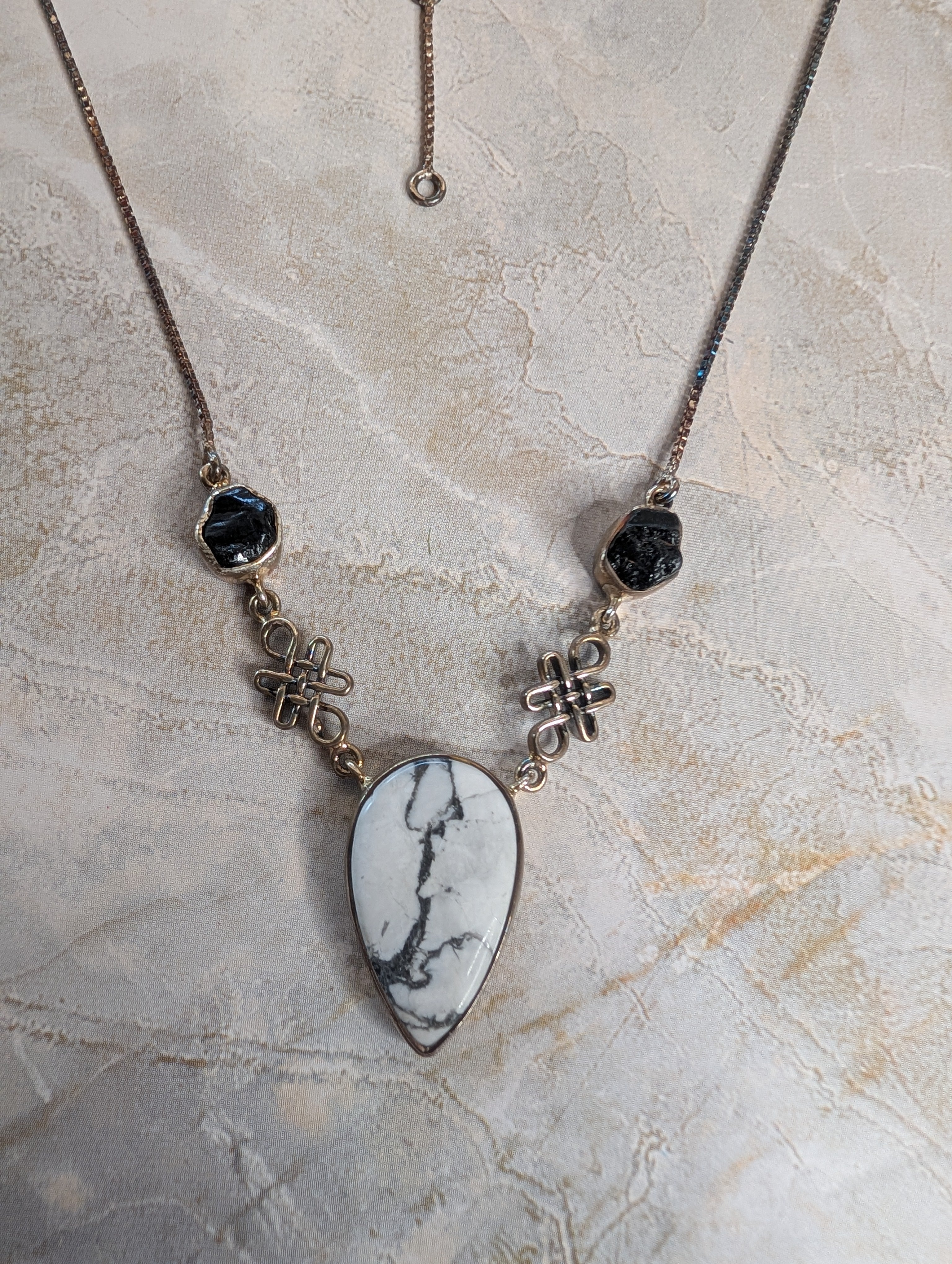Dendritic Agate Leaf Shaped Gemstone With Black Tourmaline Sterling Silver Necklace