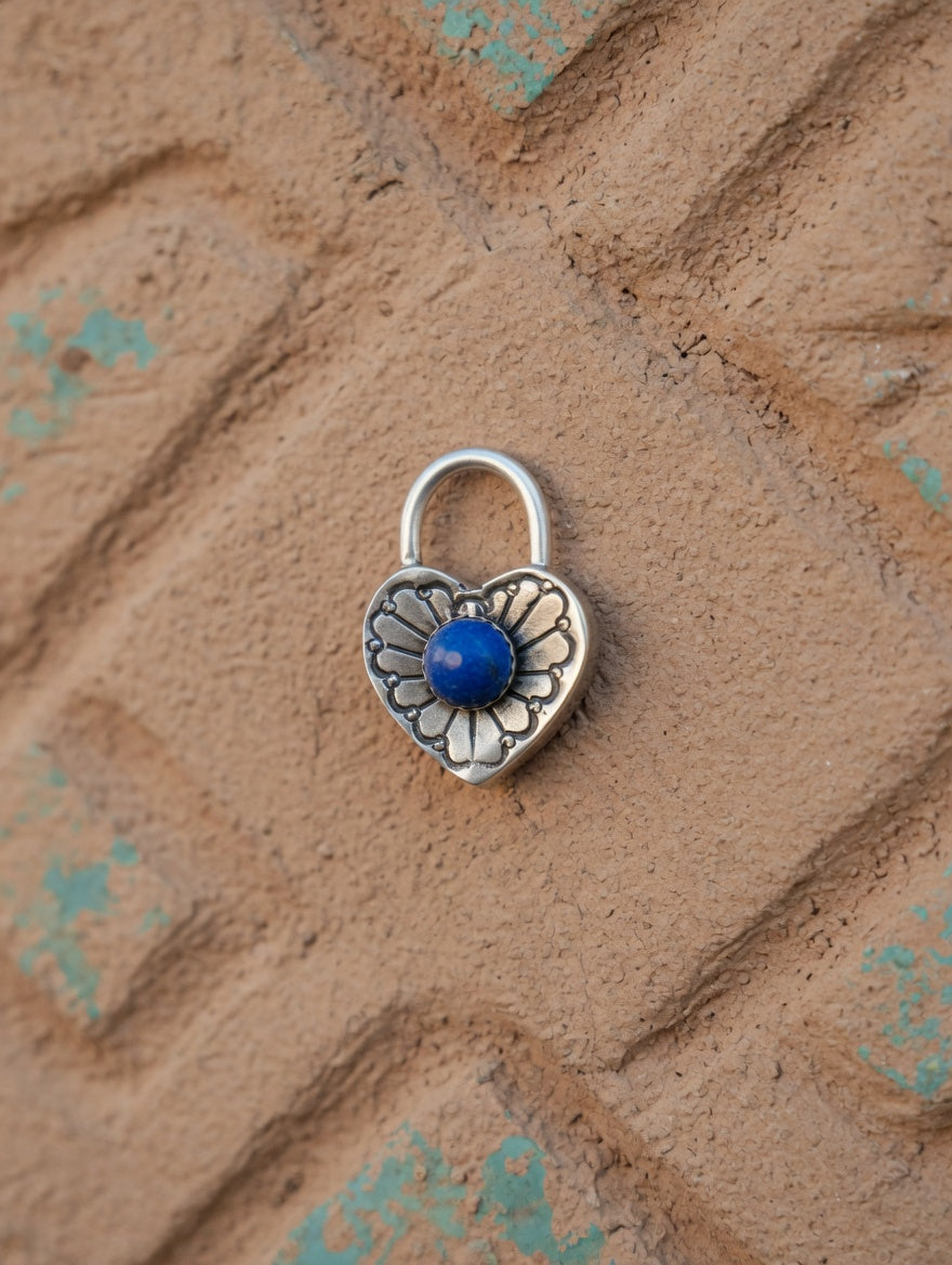 Sterling Silver Heart Padlock Pendant with Lapis Stone