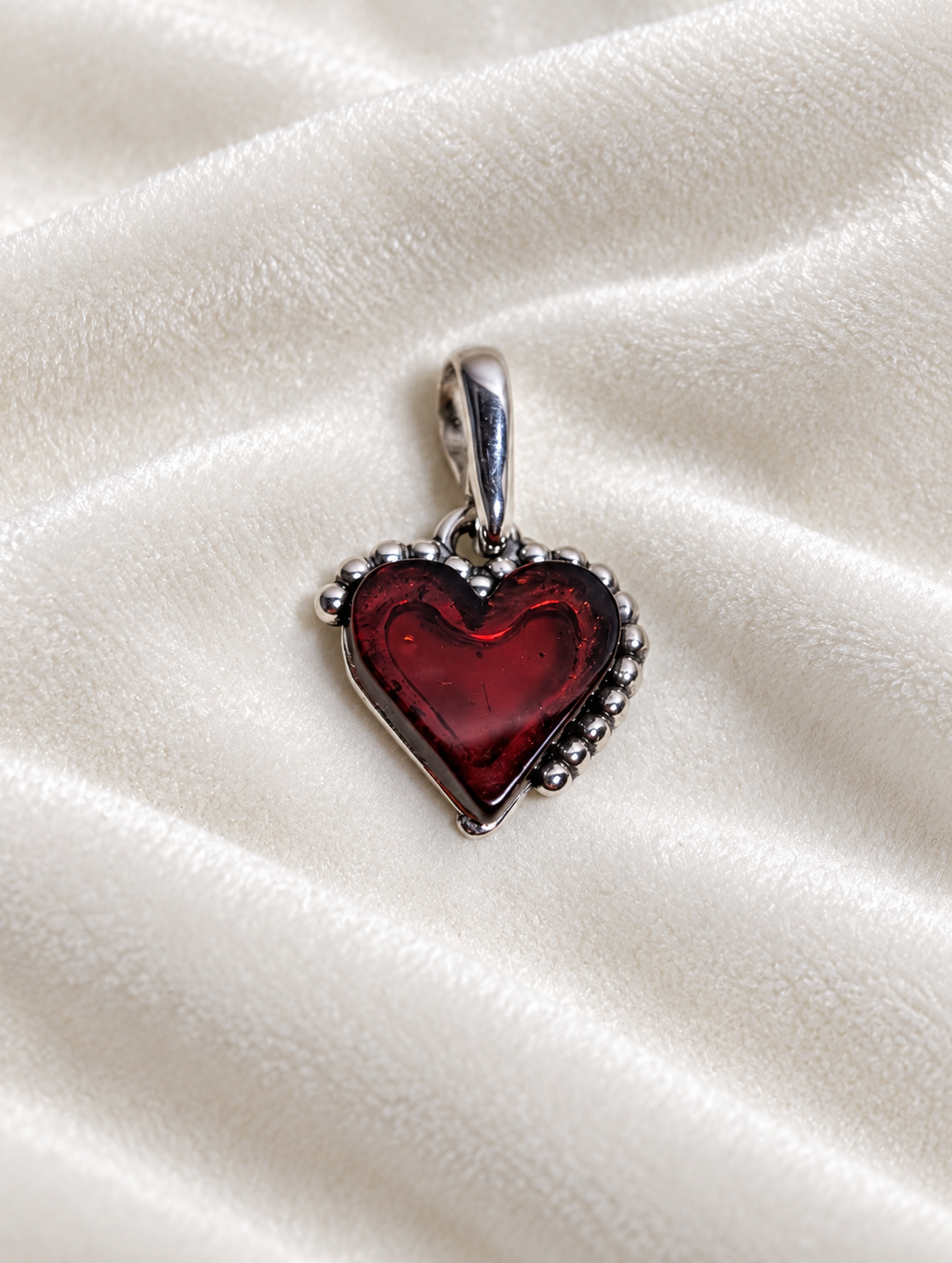 Handmade Heart Shaped Red Honey Cognac Cabochon & Sterling Silver Pendant