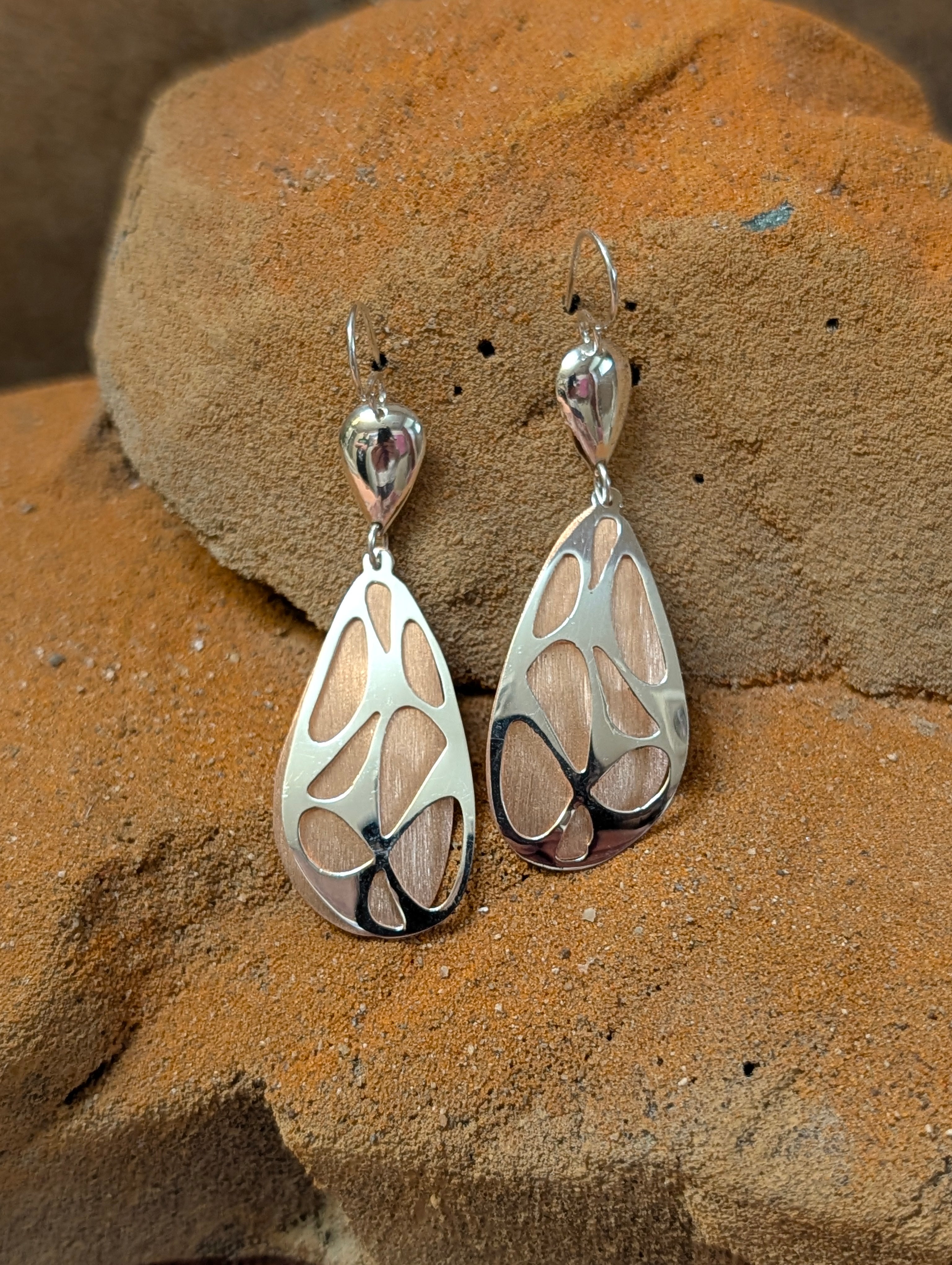 Sterling Silver & Copper Brushed Over Butterfly Wing Earrings