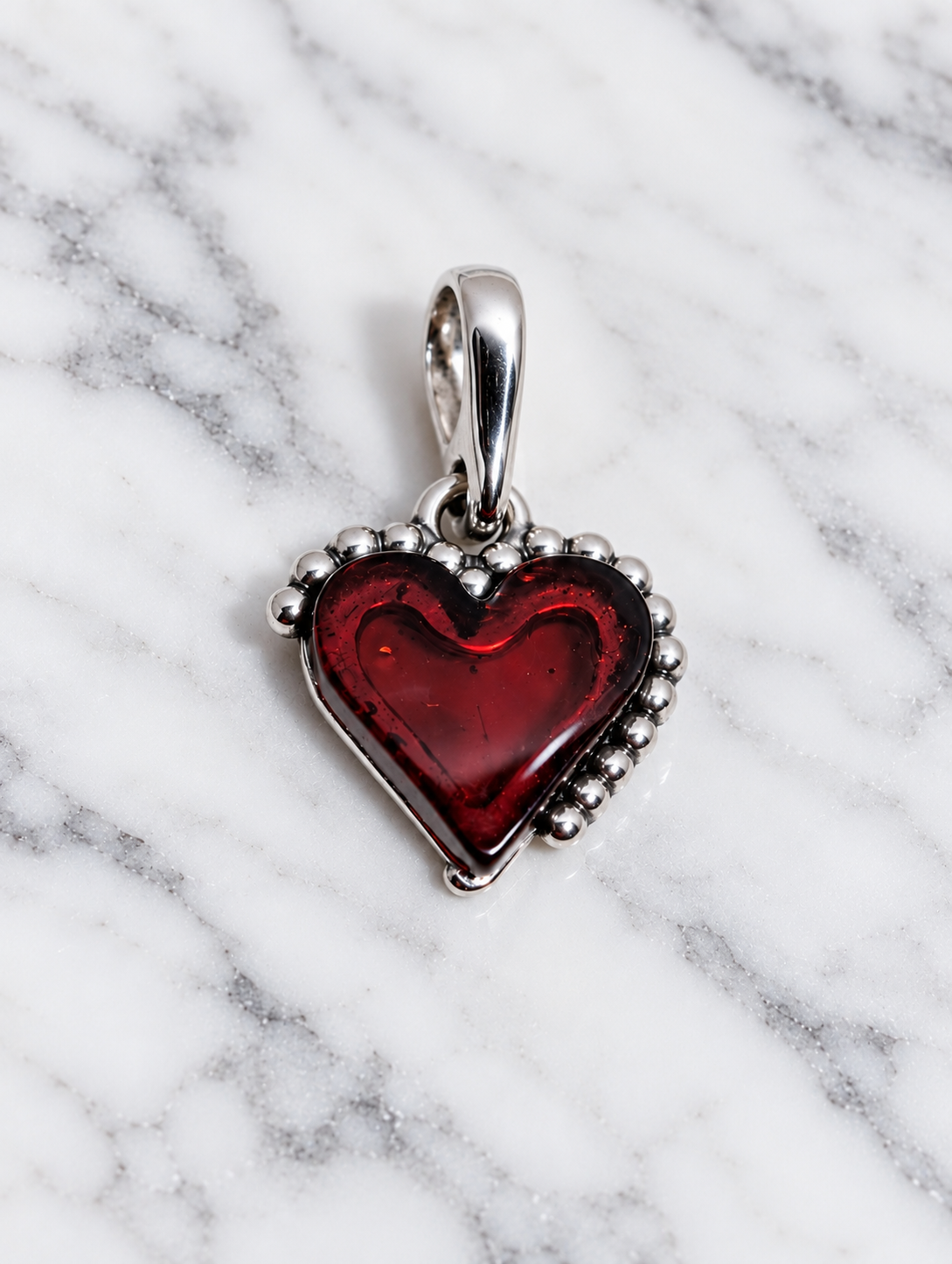 Handmade Heart Shaped Red Honey Cognac Cabochon & Sterling Silver Pendant
