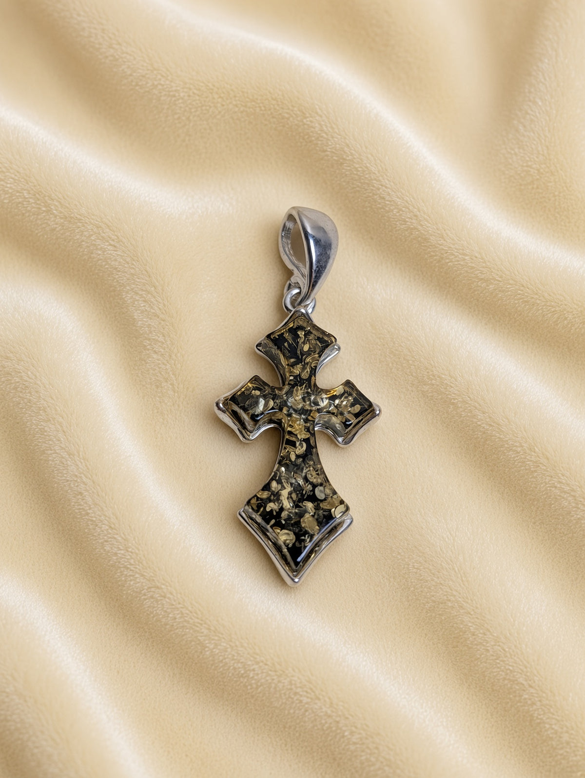 Handmade Cross Shaped Dark Honey Cognac Cabochon & Sterling Silver Pendant