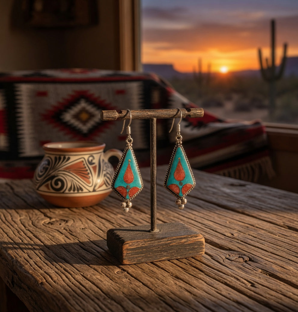 Coral & Turquoise Dangle Earrings with Triple Bead Drop
