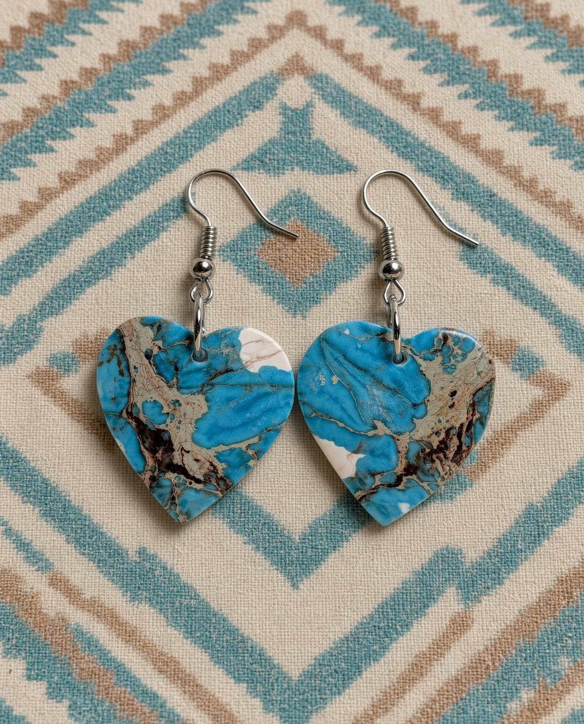 Handcrafted Turquoise Heart Slab Sterling Silver Earrings