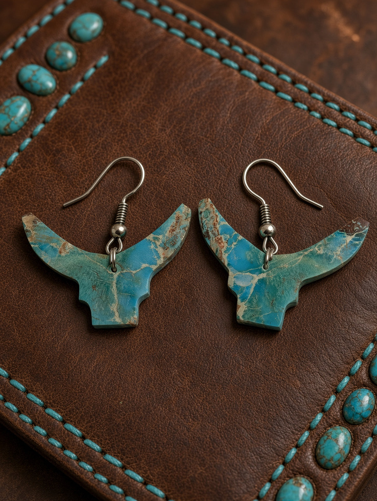 Handcrafted Indigo Turquoise Bull Head Slab Sterling Silver Earrings